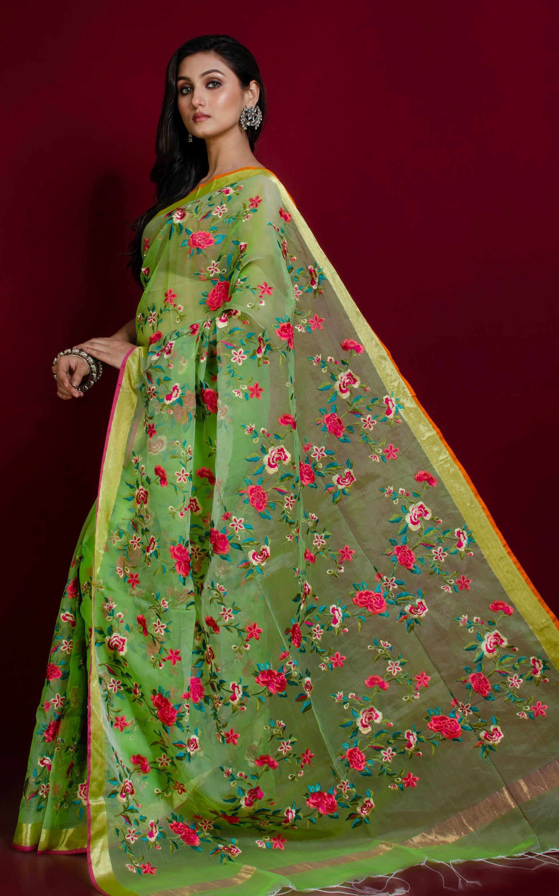 Parsi Embroidery Work Muslin Silk Saree in Lime Green and Multicolored Thread Work