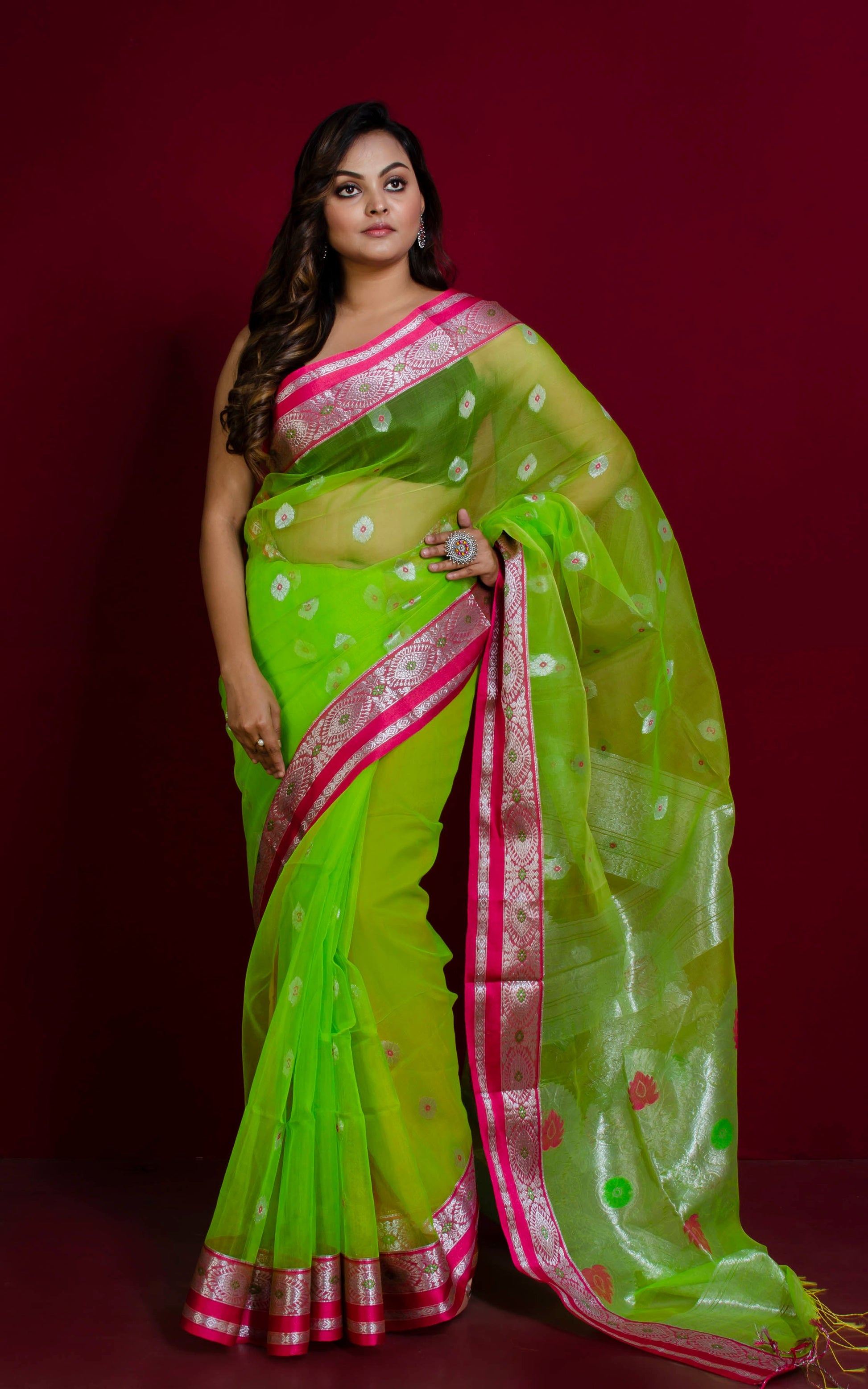 Soft Muslin Silk Banarasi Saree in Lawn Green, Barbie Pink and Silver Zari Work