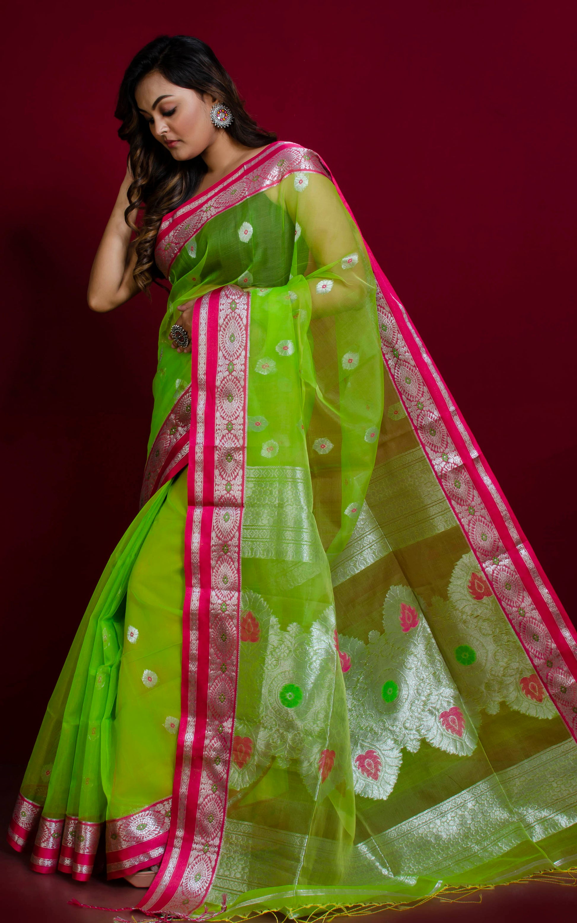 Soft Muslin Silk Banarasi Saree in Lawn Green, Barbie Pink and Silver Zari Work