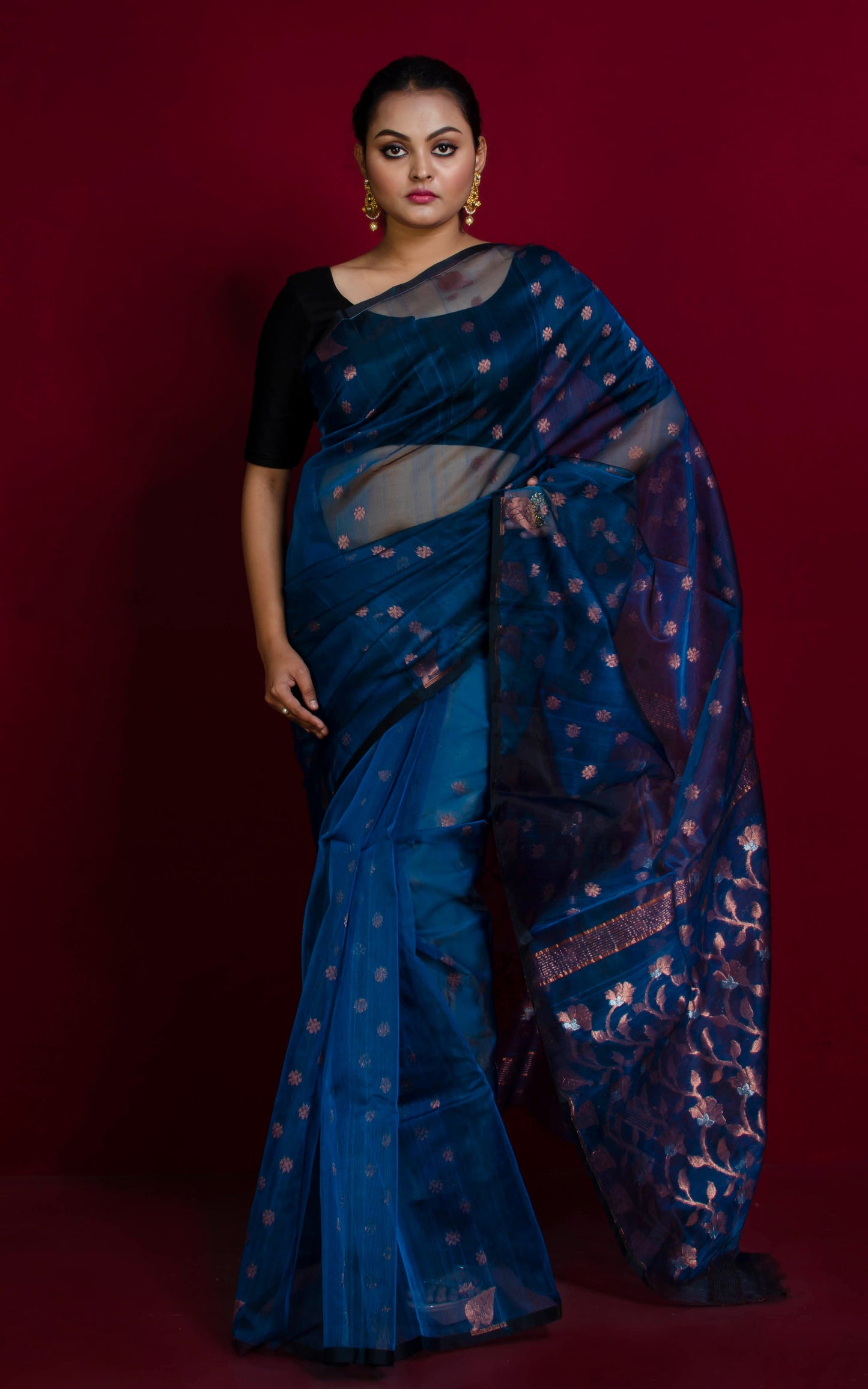 Lightweight Muslin Jamdani Silk Saree in Peacock Blue and Copper