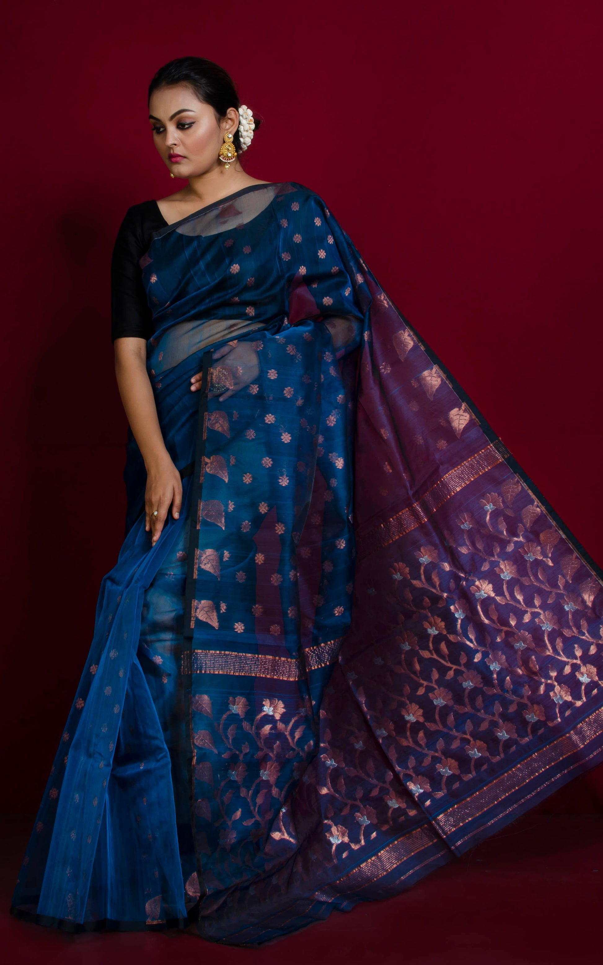 Lightweight Muslin Jamdani Silk Saree in Peacock Blue and Copper