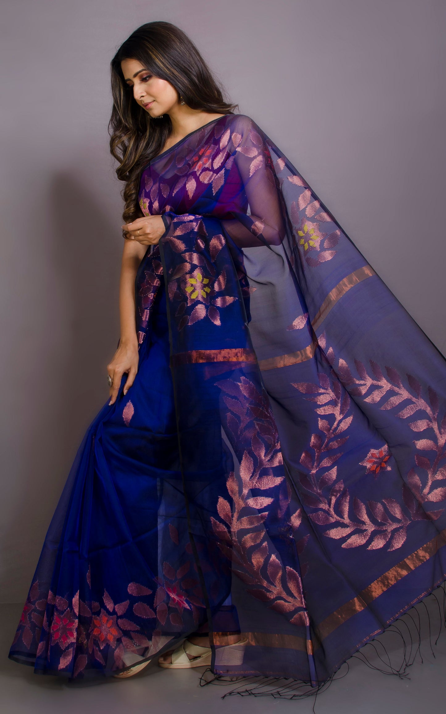 Authentic Soft Silk Muslin Jamdani Saree in Dark Blue, Copper and Multicolored Meenakari Work