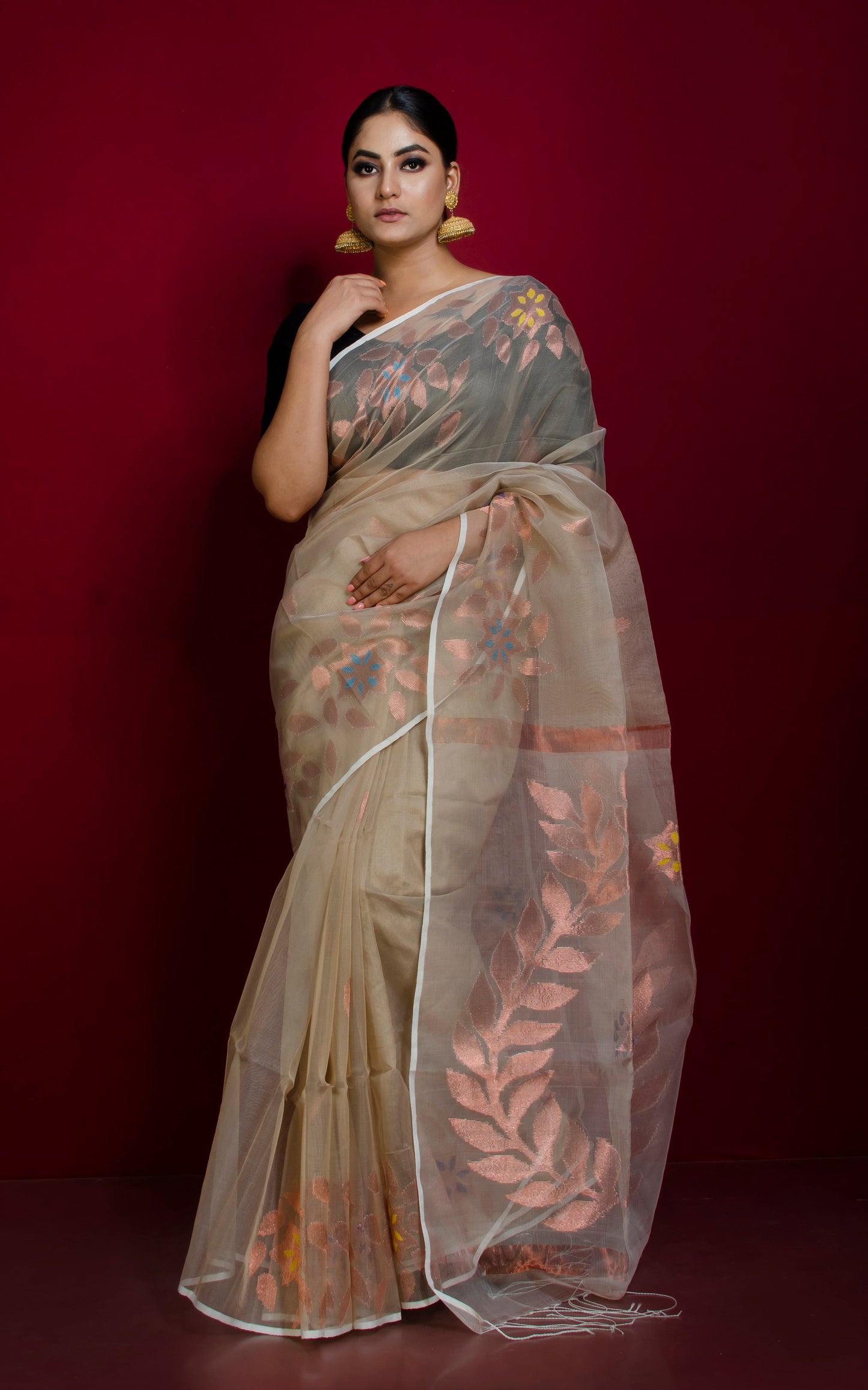 Authentic Soft Silk Muslin Jamdani Saree in Beige, Gold and Multicolored Meenakari Work