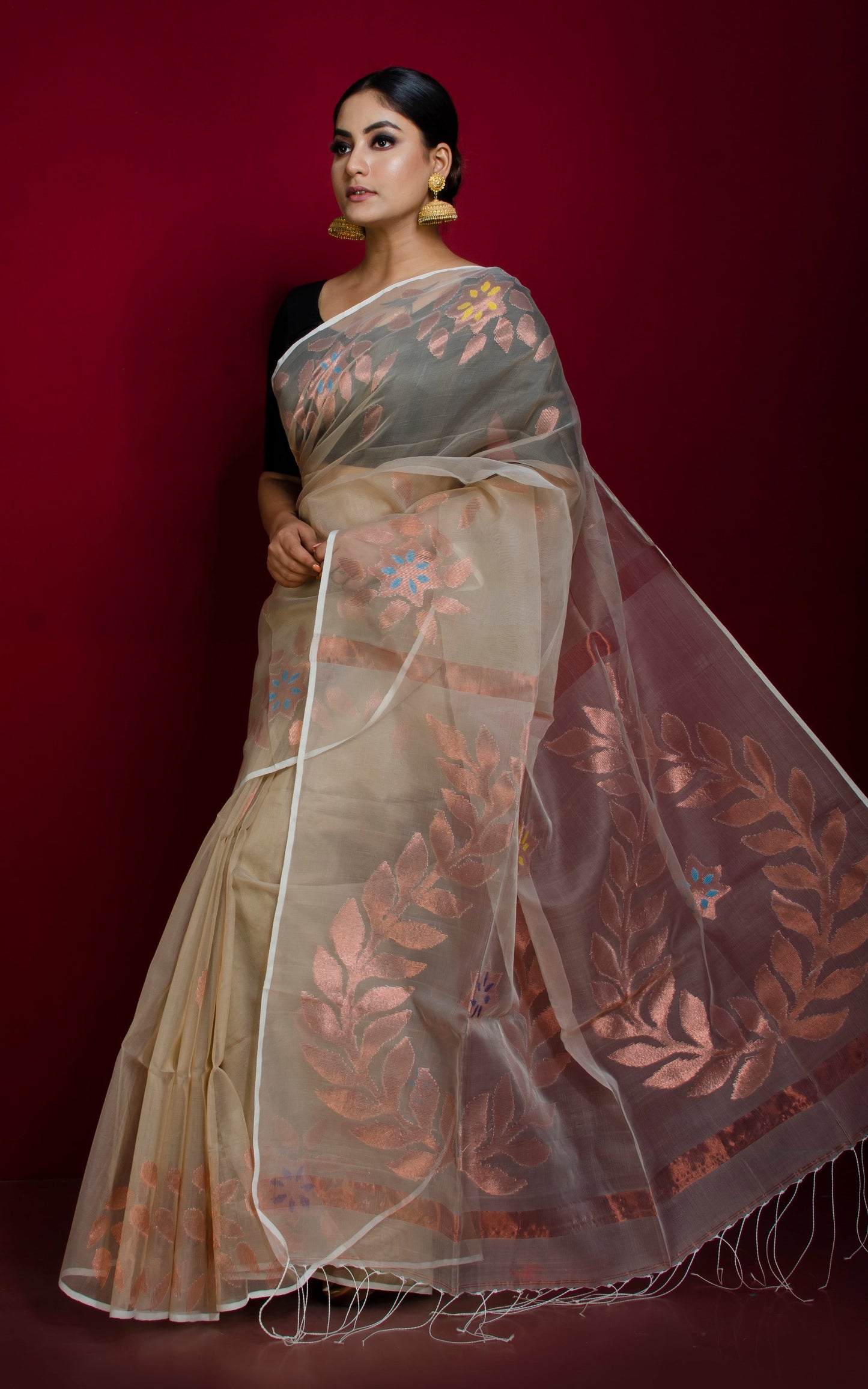 Authentic Soft Silk Muslin Jamdani Saree in Beige, Gold and Multicolored Meenakari Work