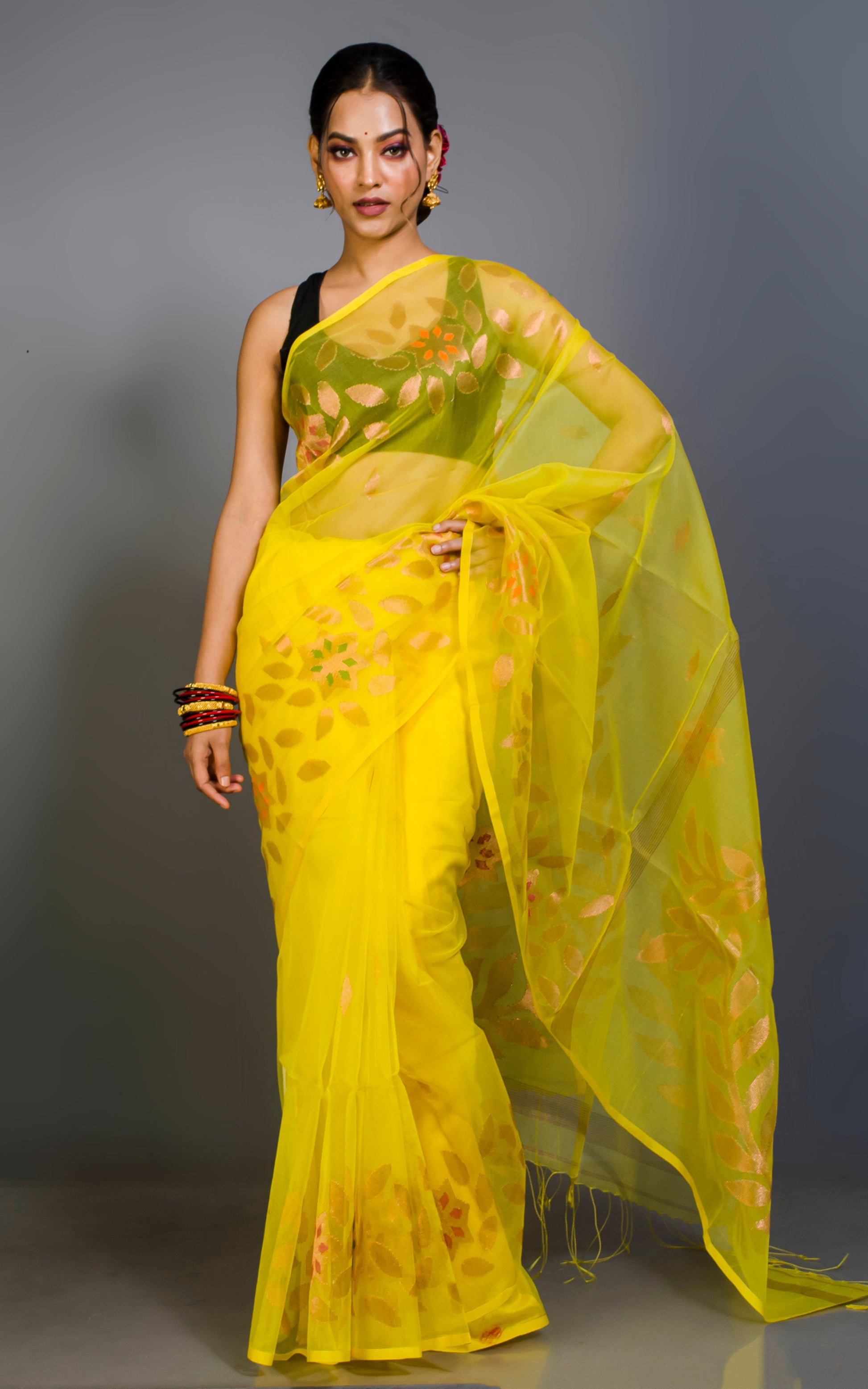 Authentic Soft Silk Muslin Jamdani Saree in Cadmium Yellow, Copper and Multicolored Meenakari Work