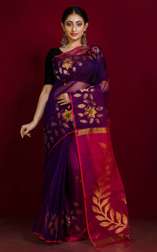 Authentic Soft Silk Muslin Jamdani Saree in Dark Purple, Red and Multicolored Meenakari Work