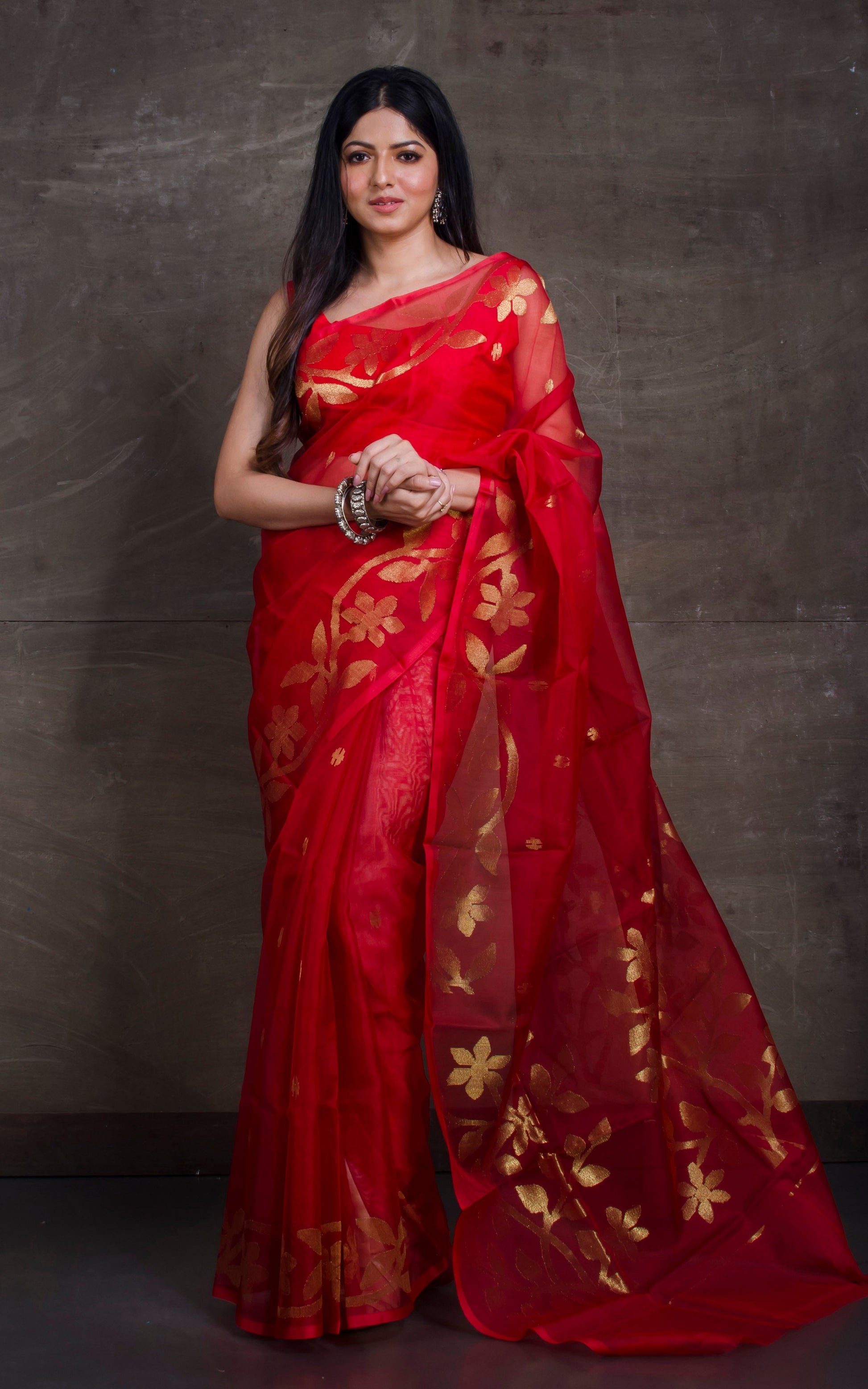 Silk Jamdani Saree in Sacramento Red and Gold