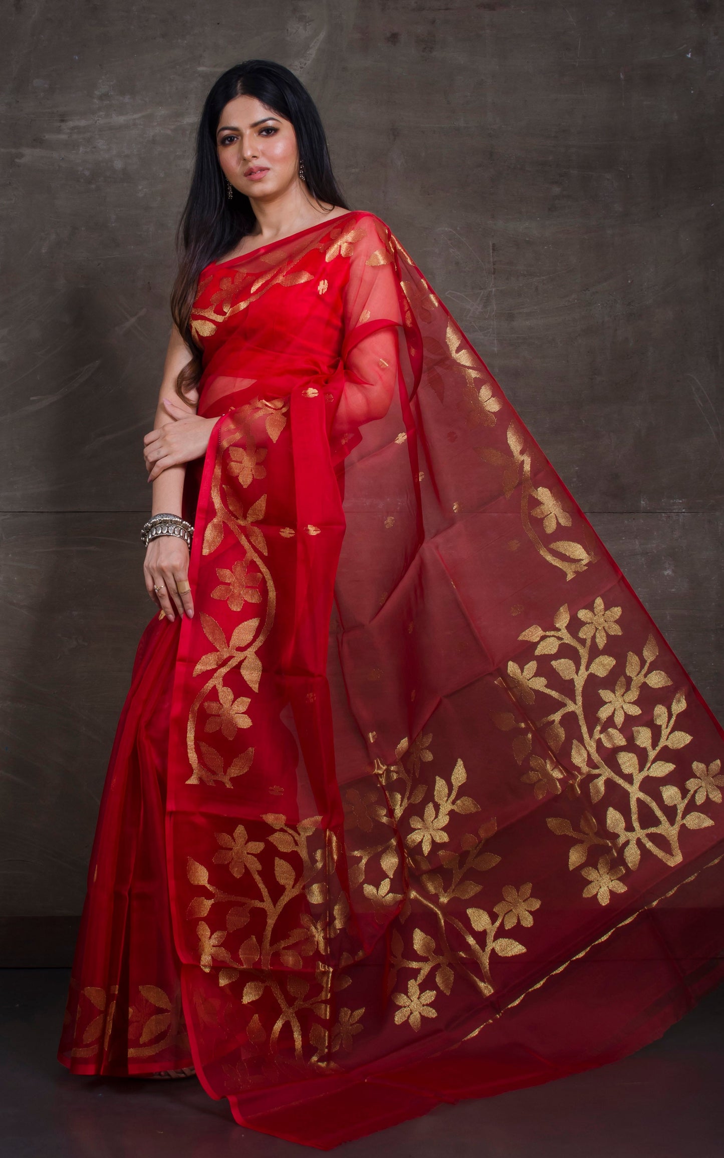 Silk Jamdani Saree in Sacramento Red and Gold