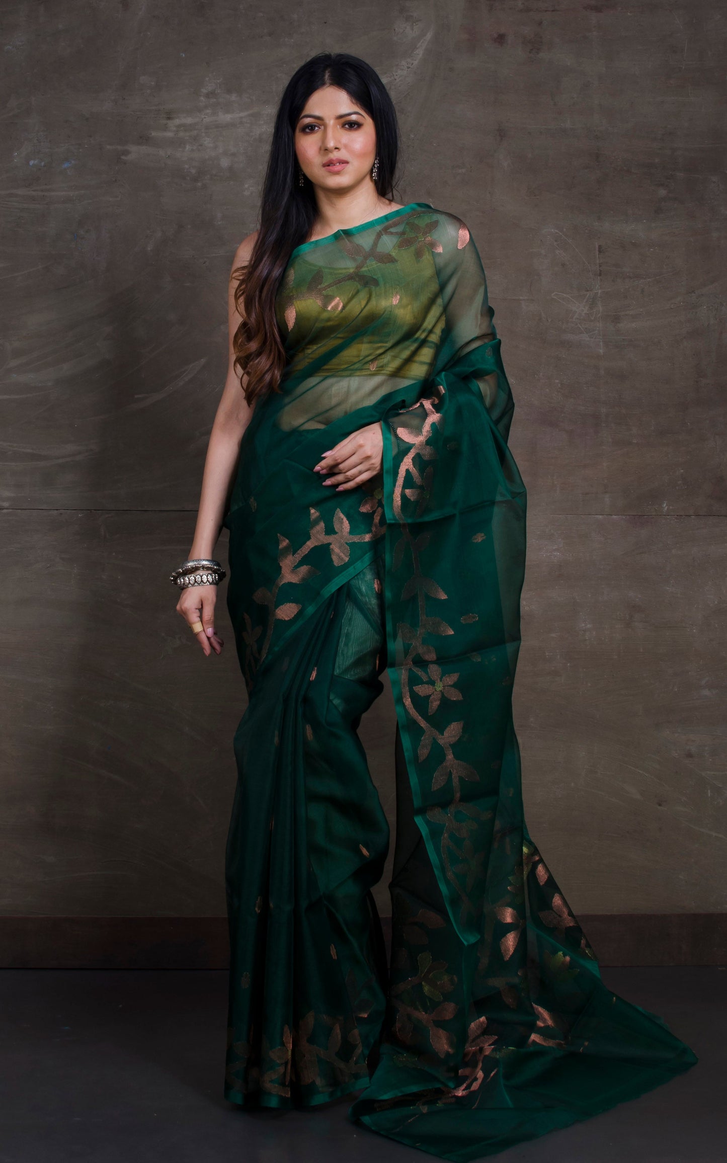 Silk Jamdani Saree in Sacramento Green and Copper