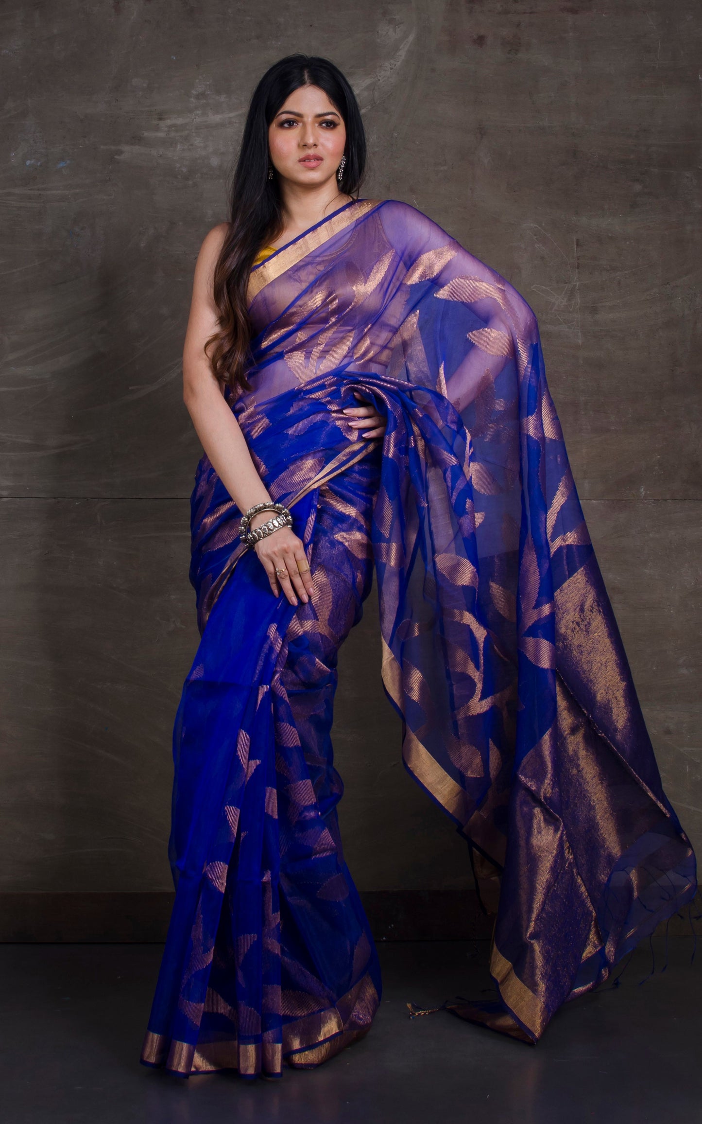 Jangla Jaal Work Muslin Silk Jamdani Saree in Royal Blue and Antique Gold