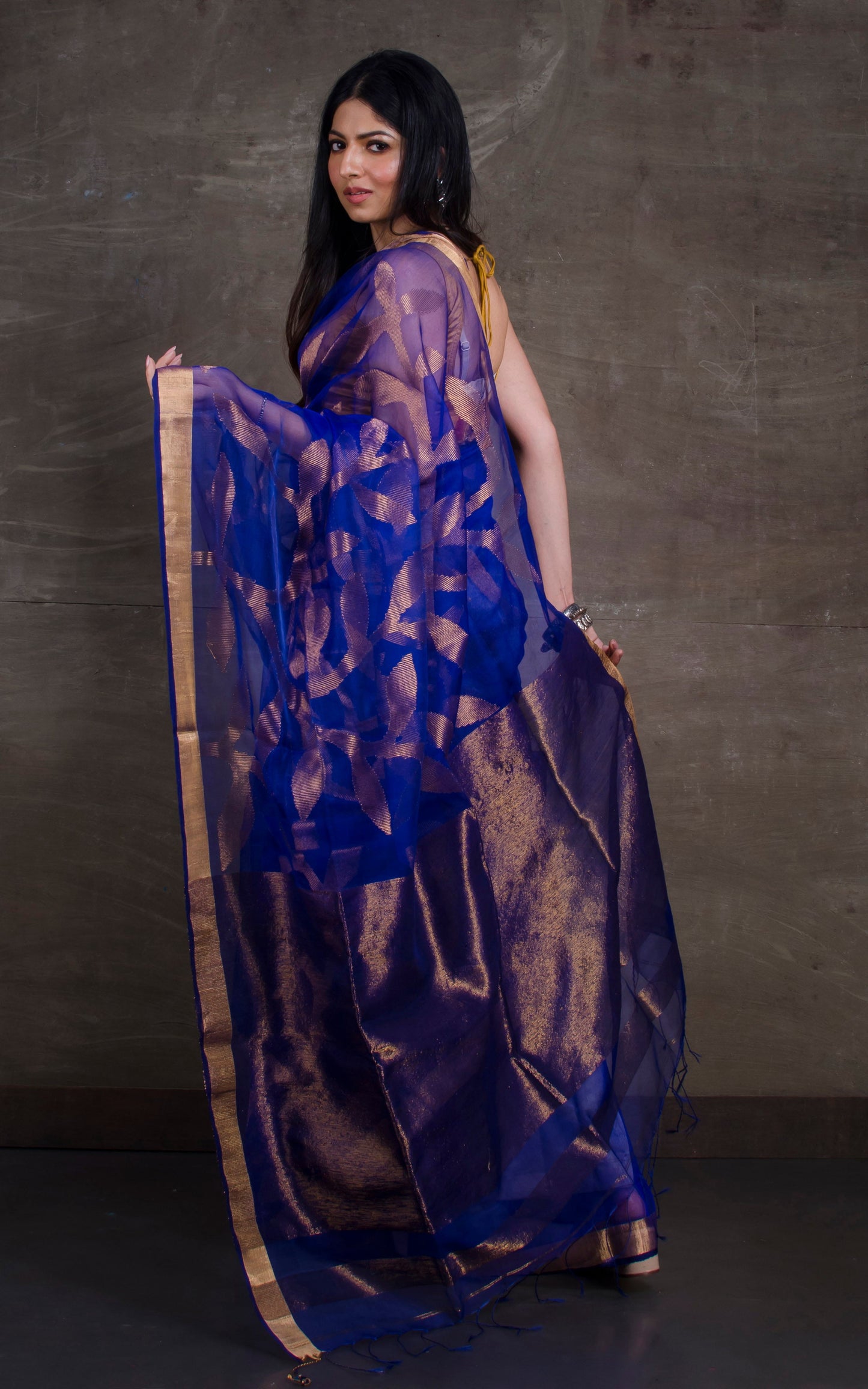 Jangla Jaal Work Muslin Silk Jamdani Saree in Royal Blue and Antique Gold