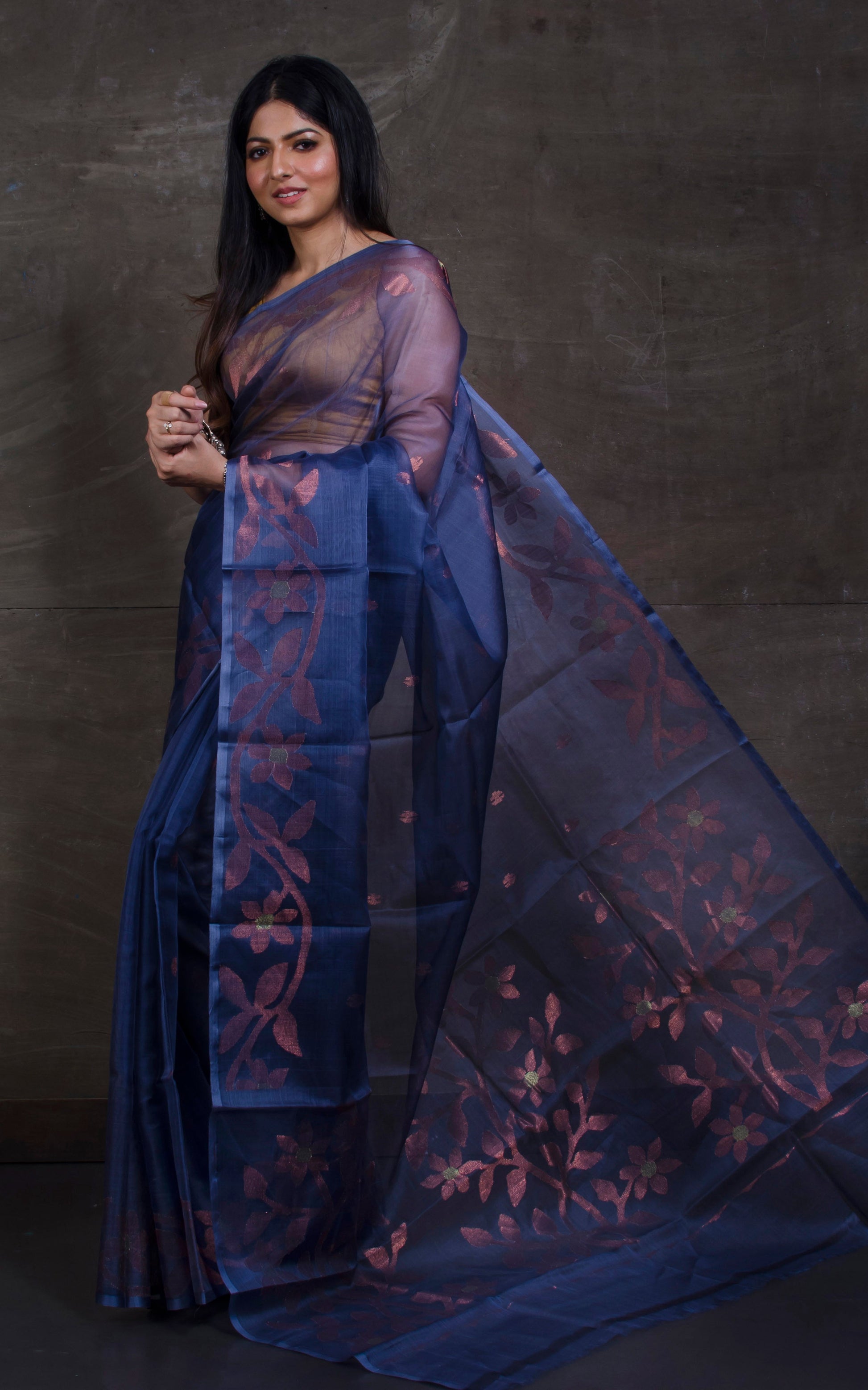 Silk Jamdani Saree in Steel Grey and Copper Zari Work