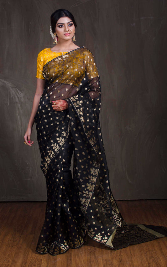 Belpata Nakshi Muslin Jamdani Saree in Black and Gold