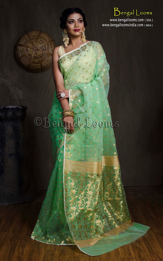 Belpata Nakshi Muslin Jamdani Saree in Mint Green and Gold