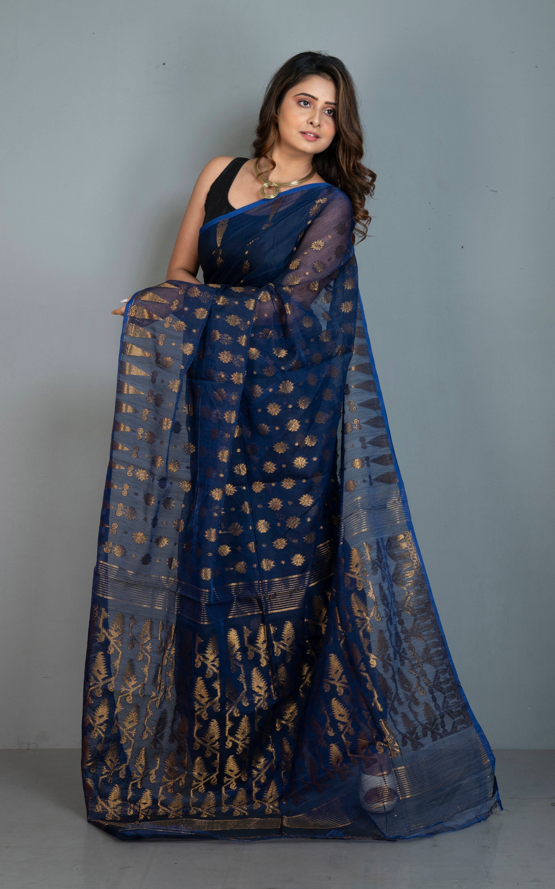 Soft Dhakai Jamdani Saree in Midnight Blue, Royal Blue and Antique Gold