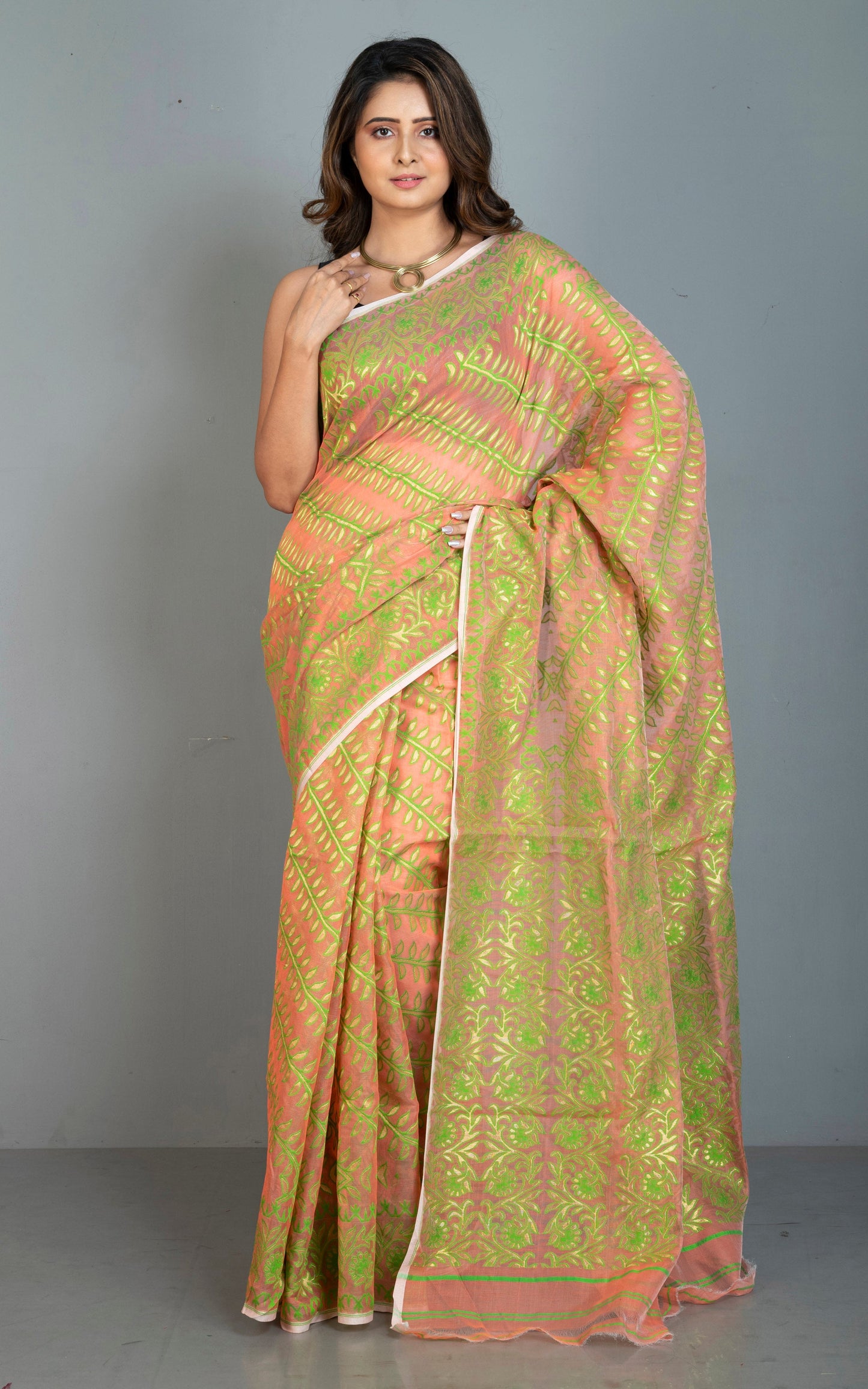 Traditional Soft Jamdani Saree in Peach, Green and Gold