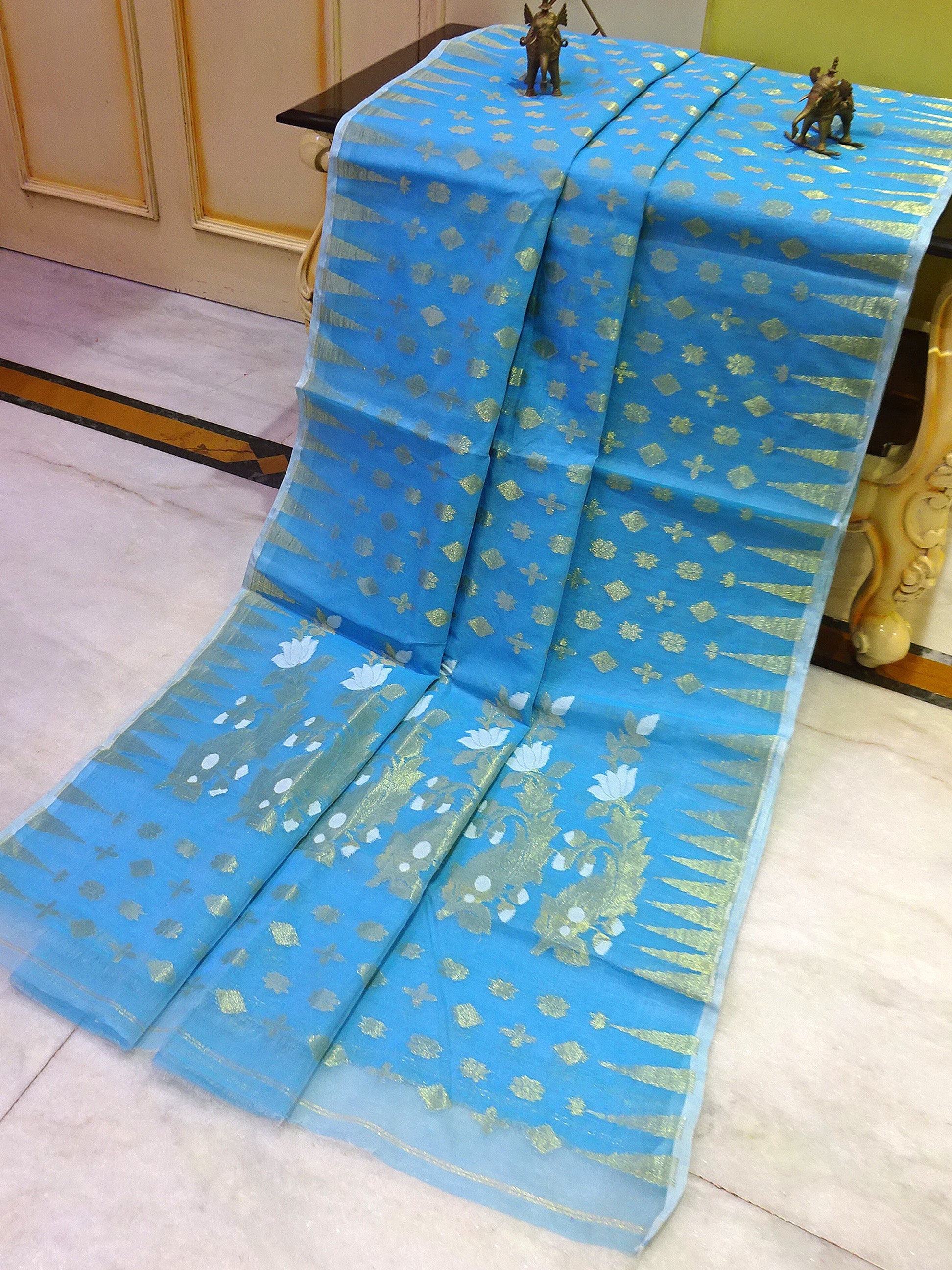 Hand Woven Cotton Muslin Jamdani Saree in Sky Blue and Gold