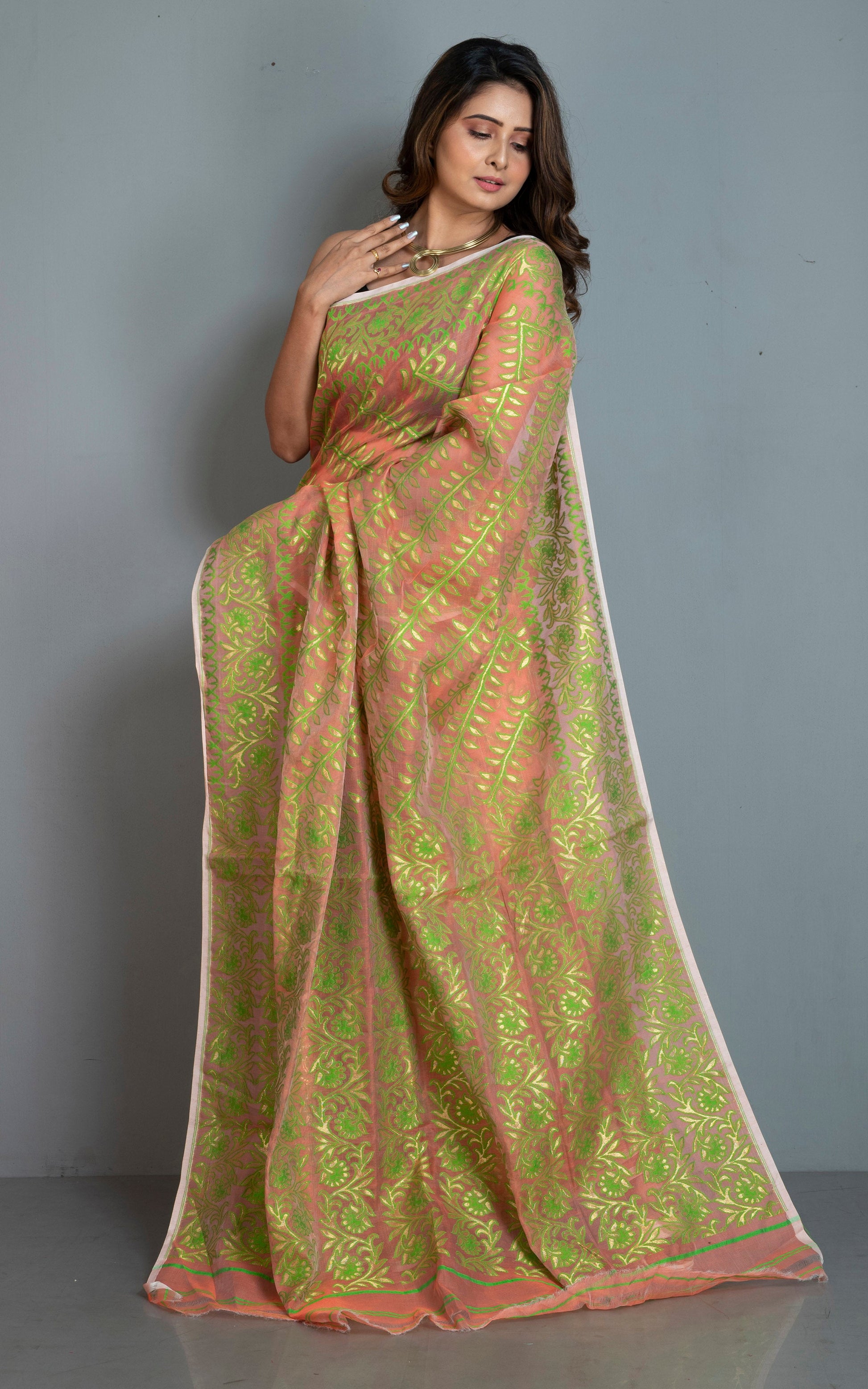 Traditional Soft Jamdani Saree in Peach, Green and Gold