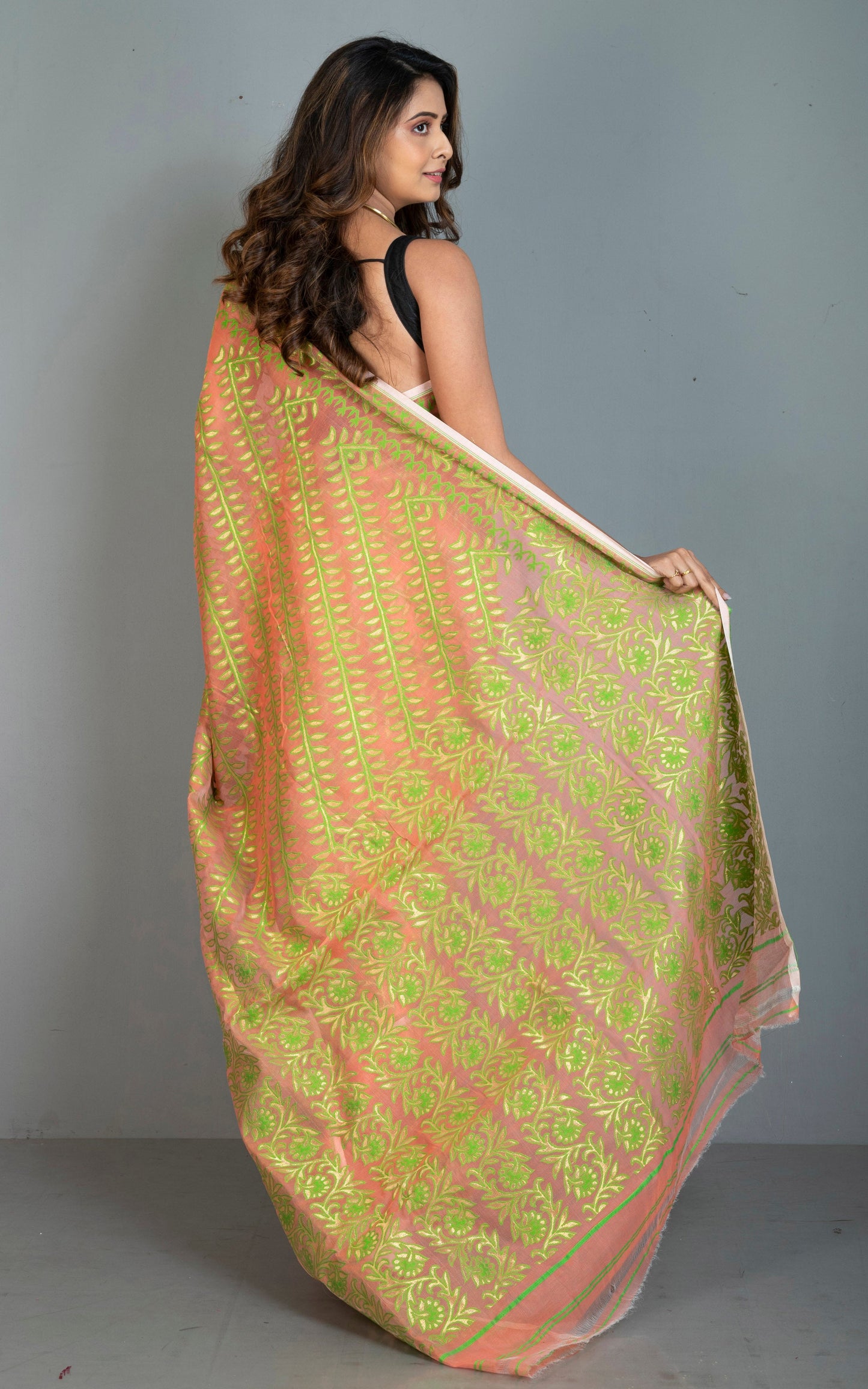 Traditional Soft Jamdani Saree in Peach, Green and Gold