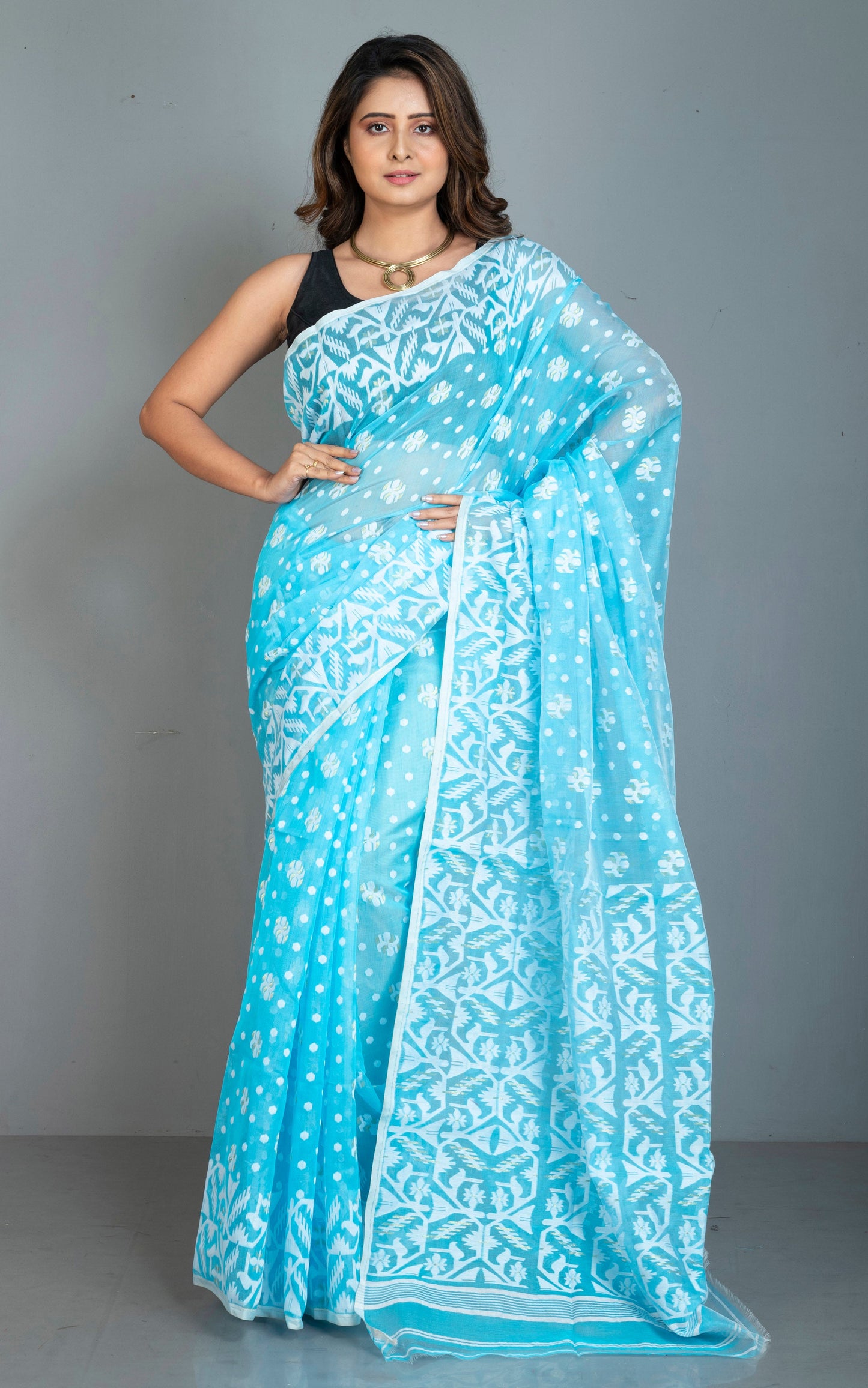 Sholapuri Work Jamdani Saree in Sky Blue, White and Golden