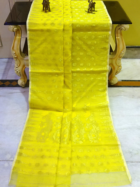 Hand Woven Cotton Muslin Jamdani Saree in Basanti Yellow and Gold