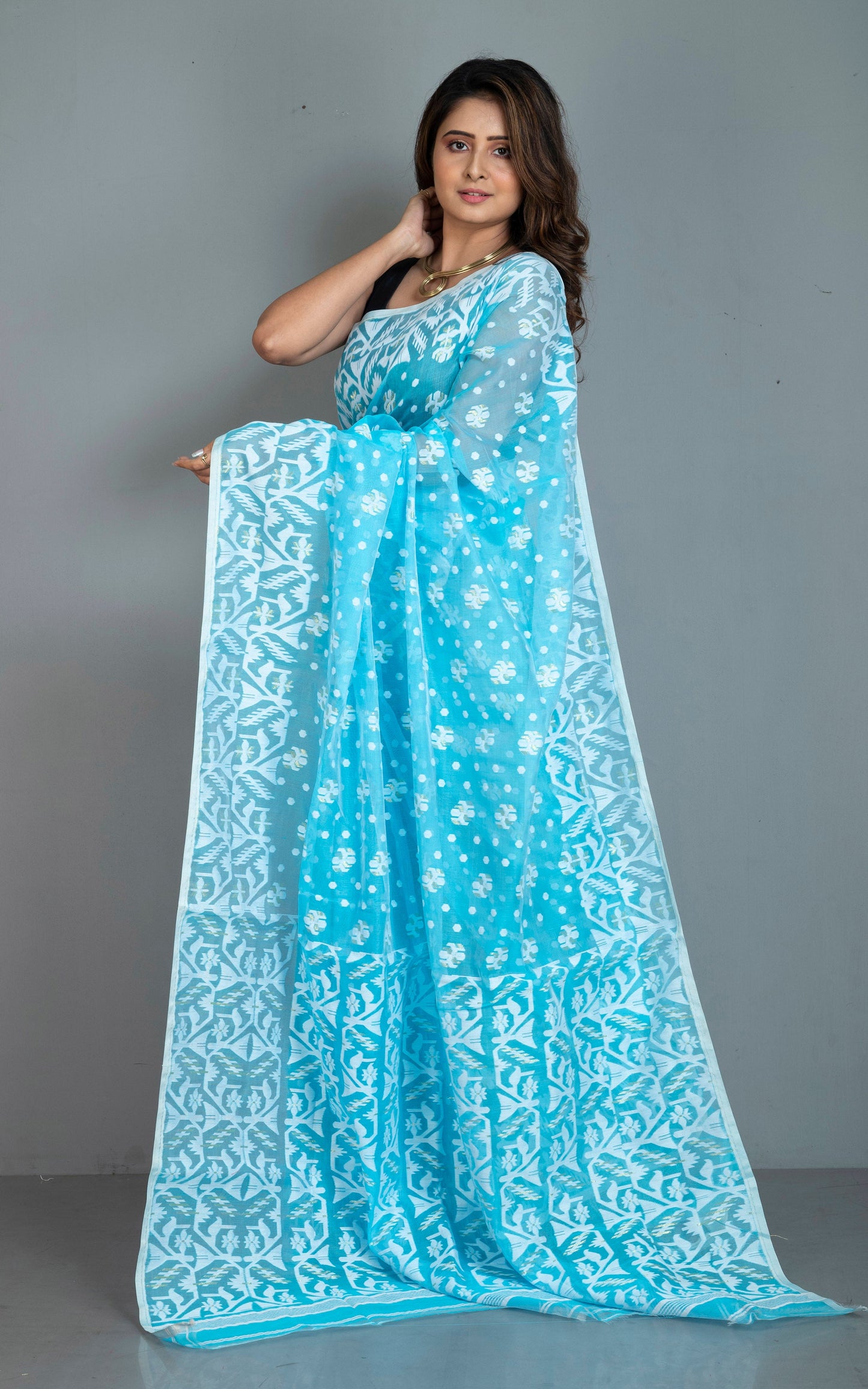 Sholapuri Work Jamdani Saree in Sky Blue, White and Golden