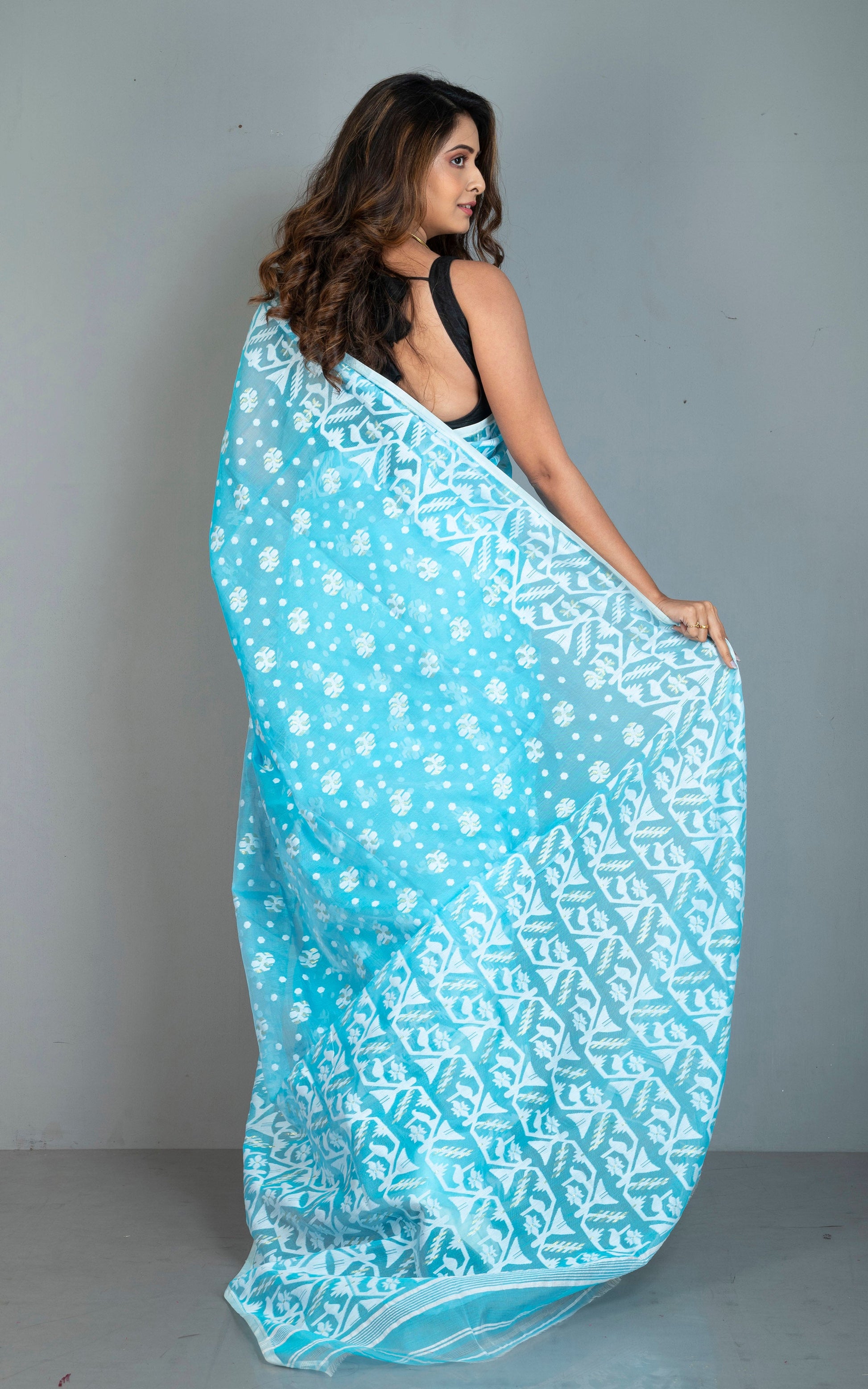 Sholapuri Work Jamdani Saree in Sky Blue, White and Golden