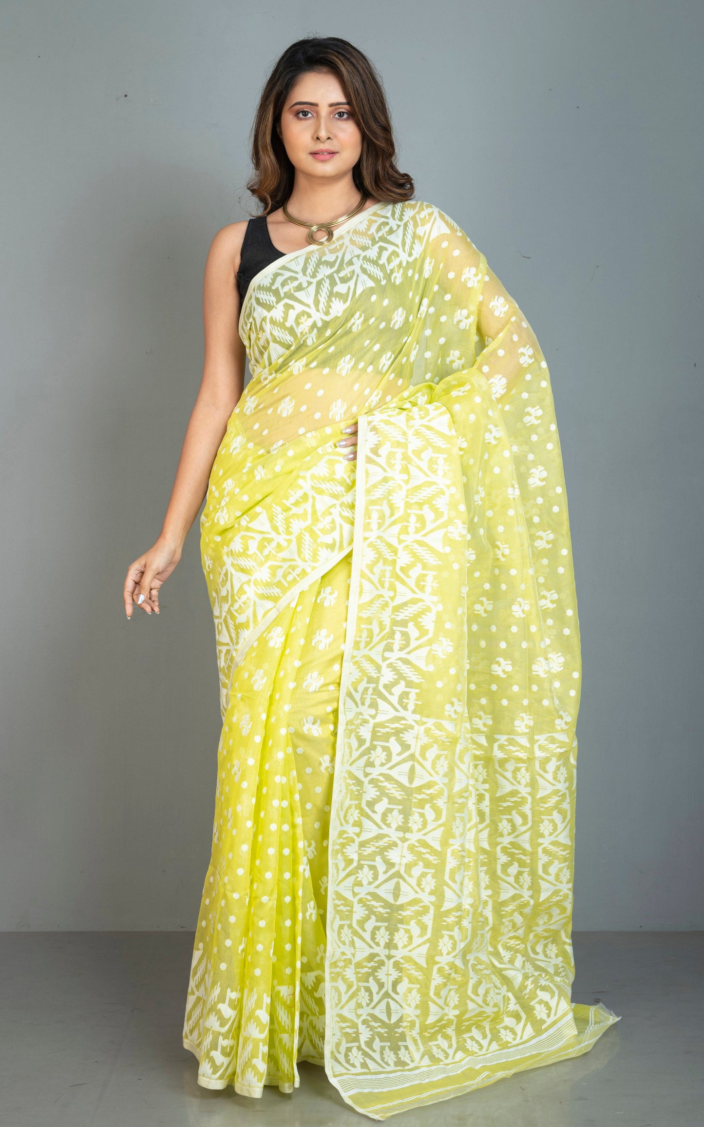 Sholapuri Work Jamdani Saree in Light Yellow, White and Golden