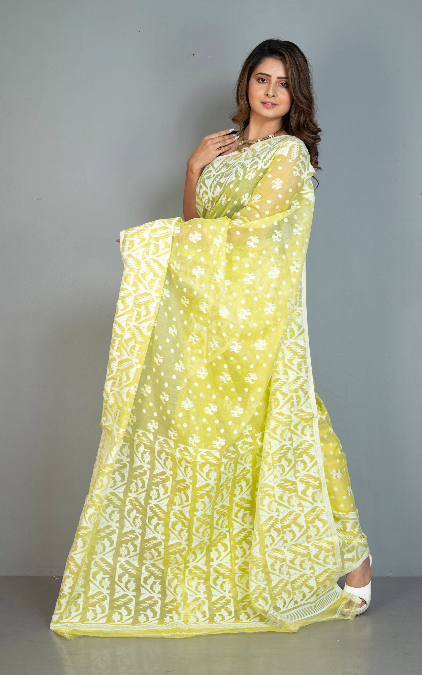 Sholapuri Work Jamdani Saree in Light Yellow, White and Golden