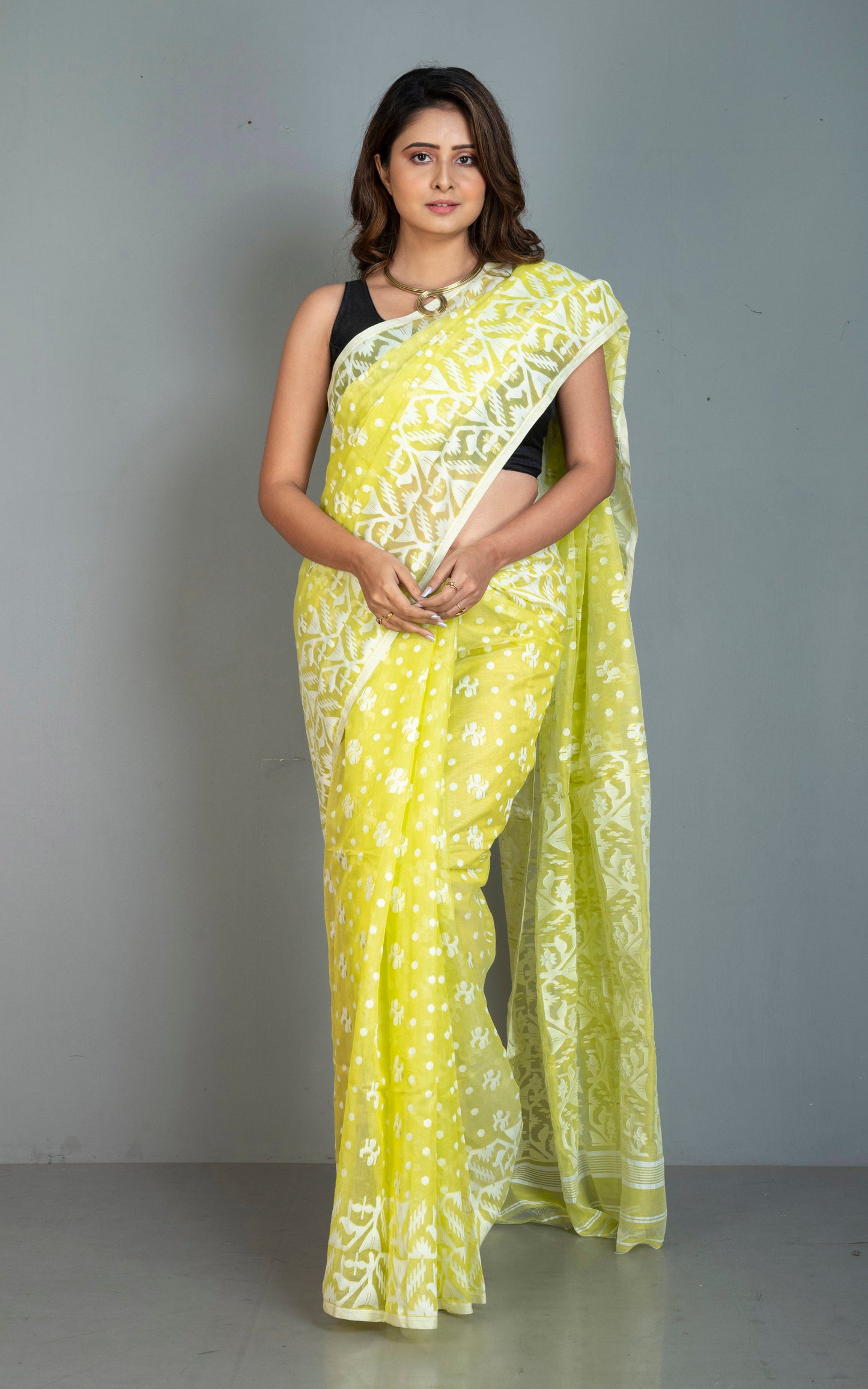 Sholapuri Work Jamdani Saree in Light Yellow, White and Golden