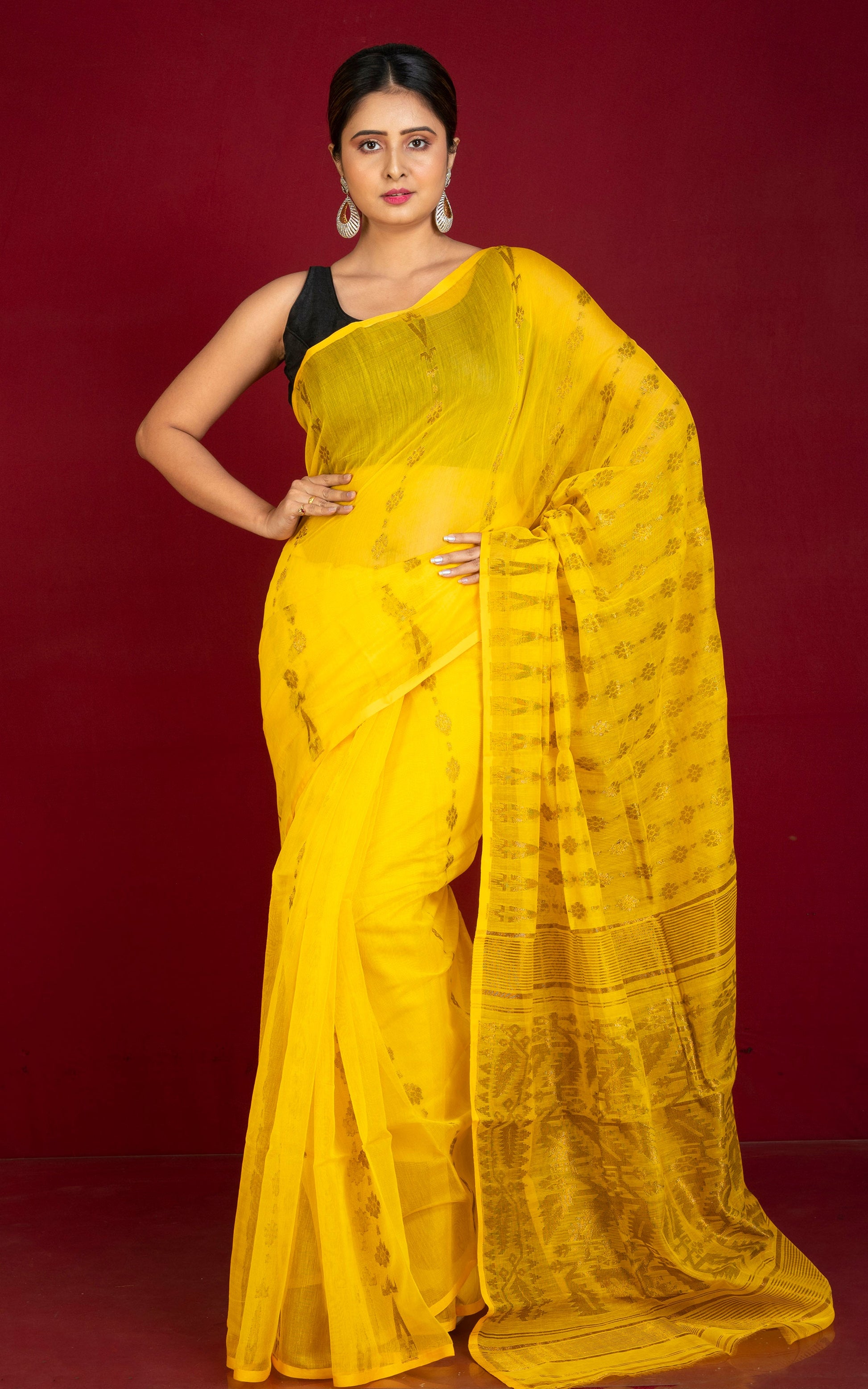 Soft Dhakai Jamdani Saree in Bright Yellow and Antique Gold