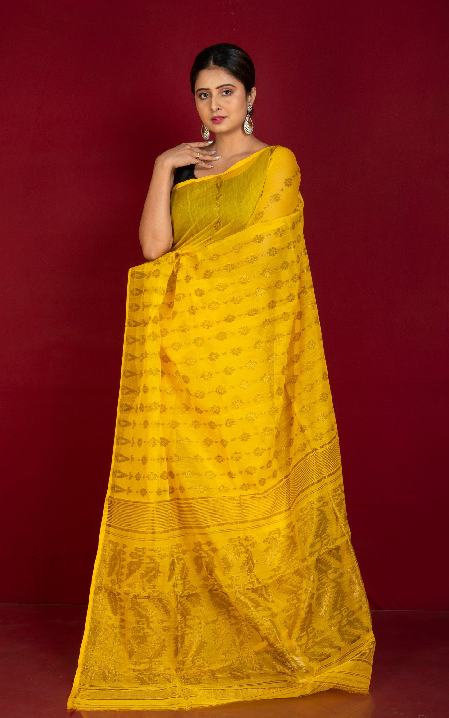 Soft Dhakai Jamdani Saree in Bright Yellow and Antique Gold