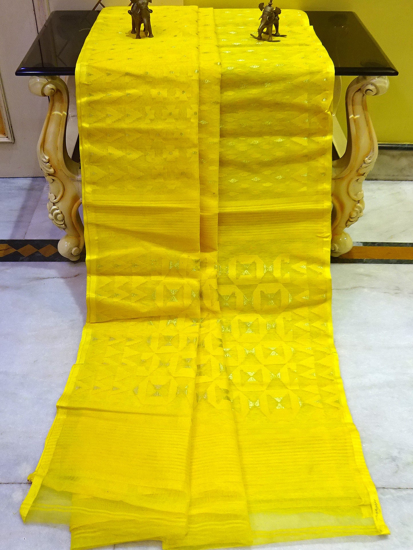 Designer Muslin Jamdani Saree in Yellow and Golden Zari Work