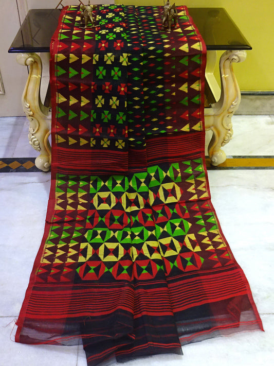 Designer Muslin Jamdani Saree in Black, Red and Multicolored Thread Work