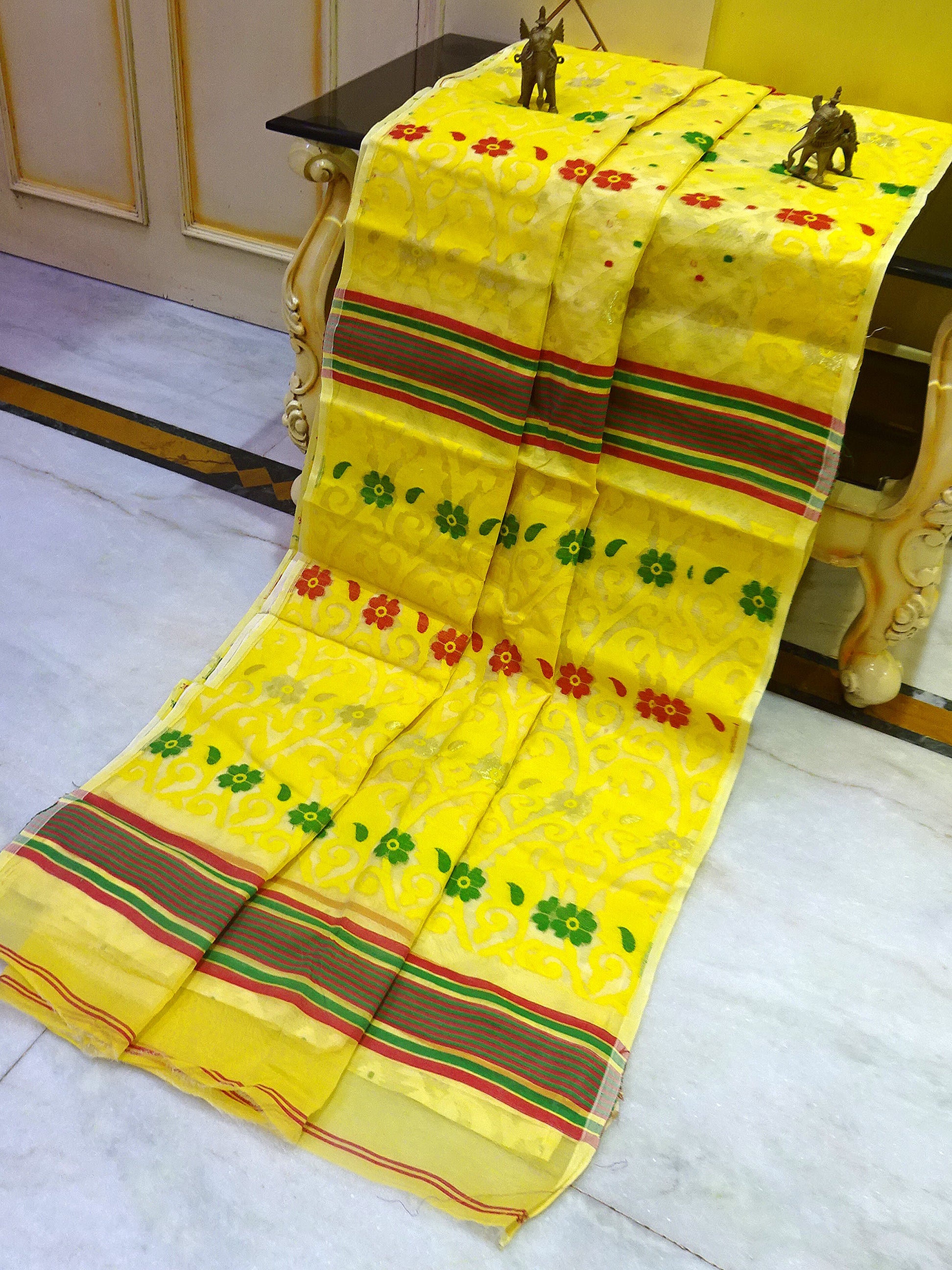 Half and Half Jamdani Saree in Yellow, Off White and Gold Zari Work