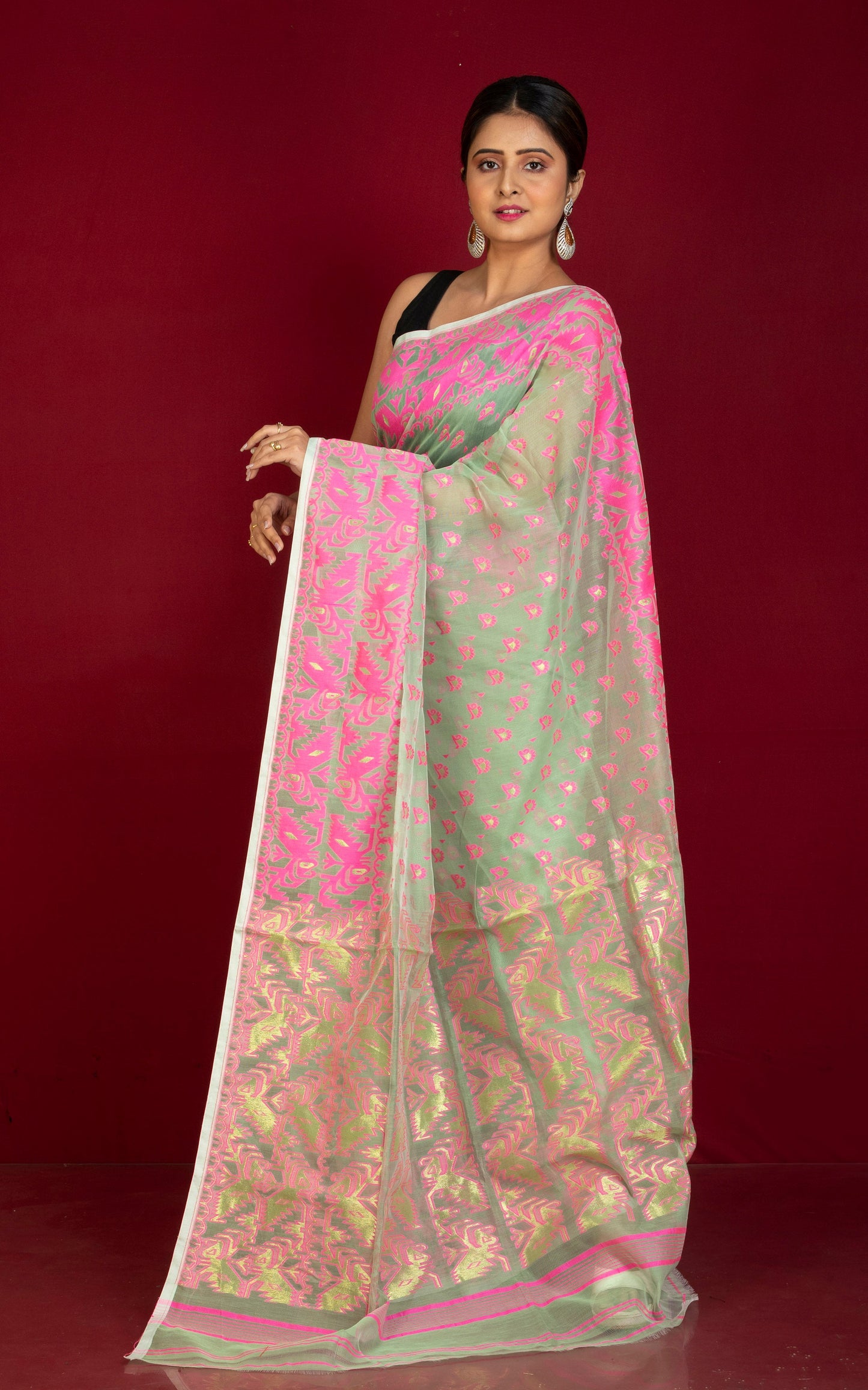 Traditional Soft Jamdani Saree in Water Green, Hot Pink and Gold