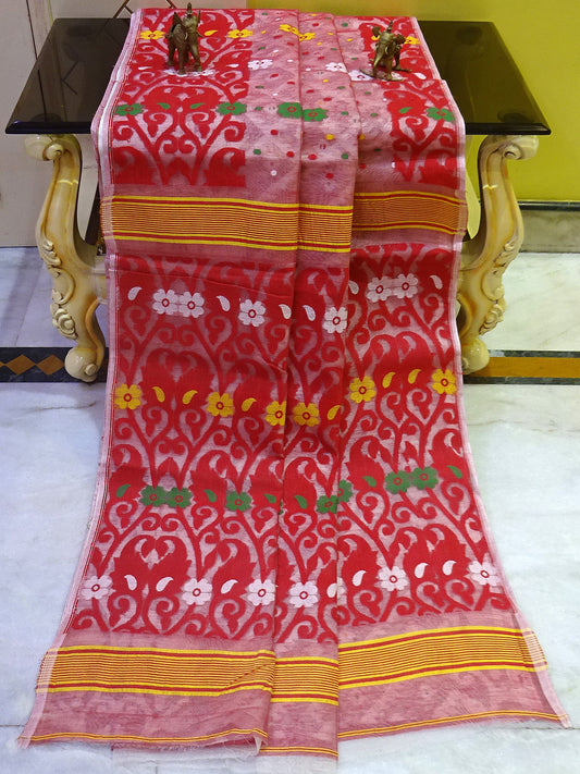 Half and Half Jamdani Saree in Red, Off White and Gold Zari Work