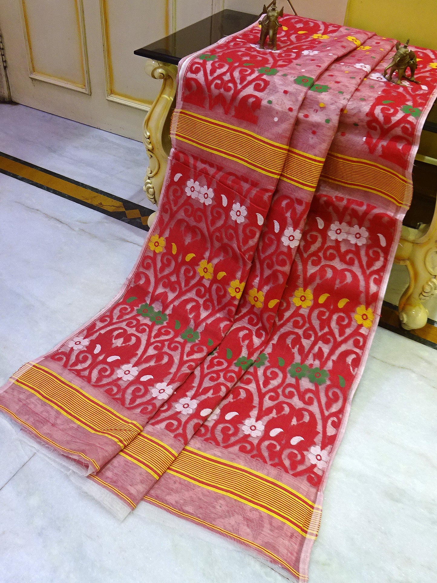 Half and Half Jamdani Saree in Red, Off White and Gold Zari Work