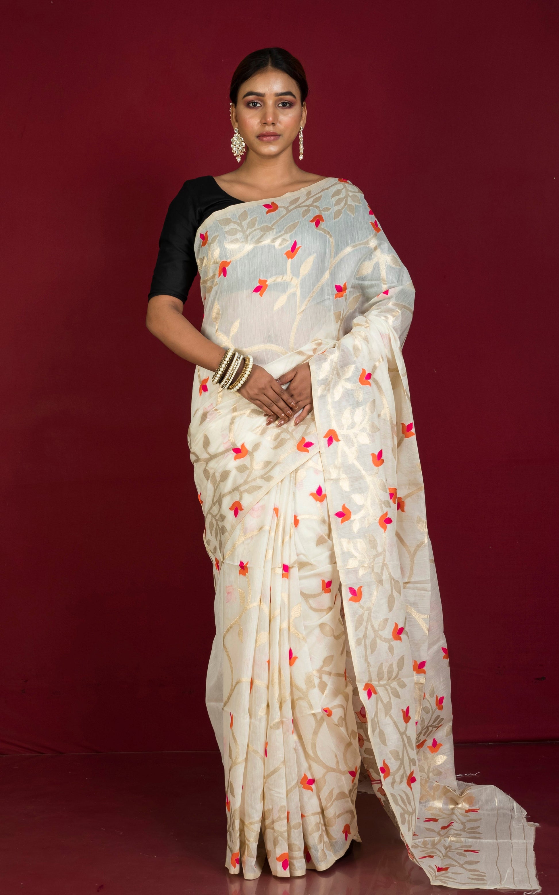 Tantuja Inspired Traditional Soft Jamdani Saree in Light Beige, Orange, Hot Pink and Brush Golden Zari Weave