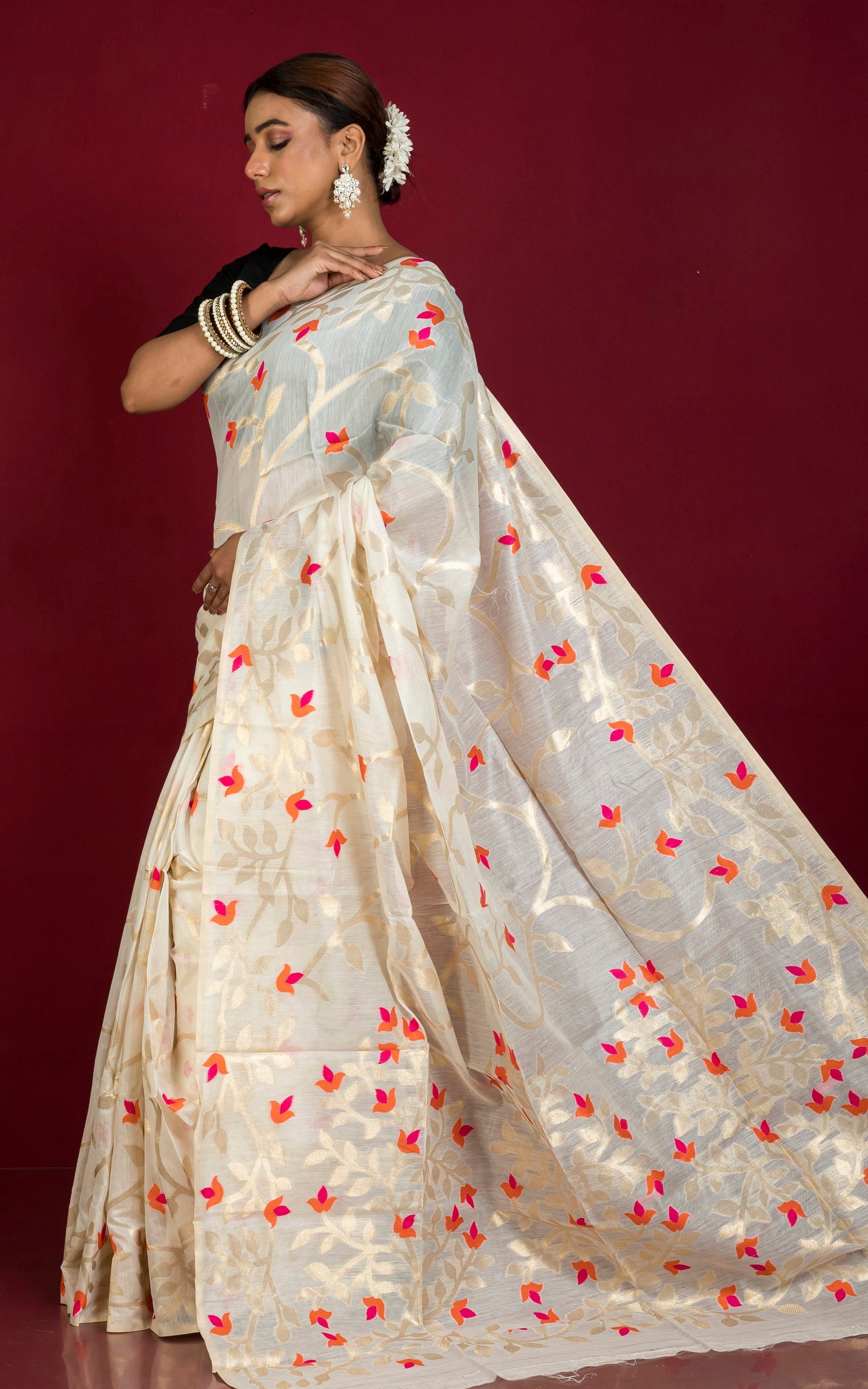 Tantuja Inspired Traditional Soft Jamdani Saree in Light Beige, Orange, Hot Pink and Brush Golden Zari Weave