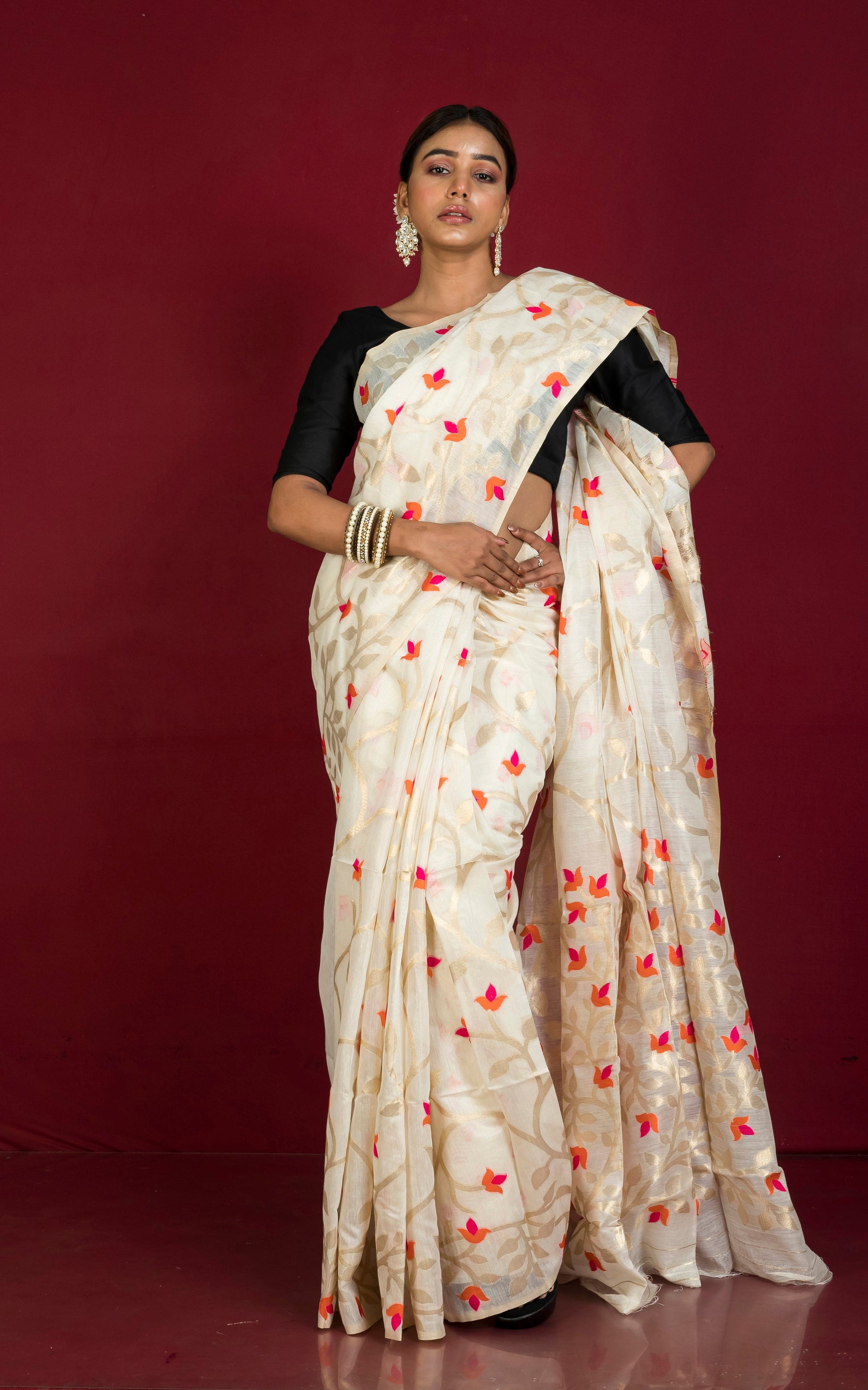 Tantuja Inspired Traditional Soft Jamdani Saree in Light Beige, Orange, Hot Pink and Brush Golden Zari Weave