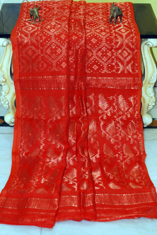 Soft Zari Brocade Dhakai Jamdani Saree in Bright Orange and Copper