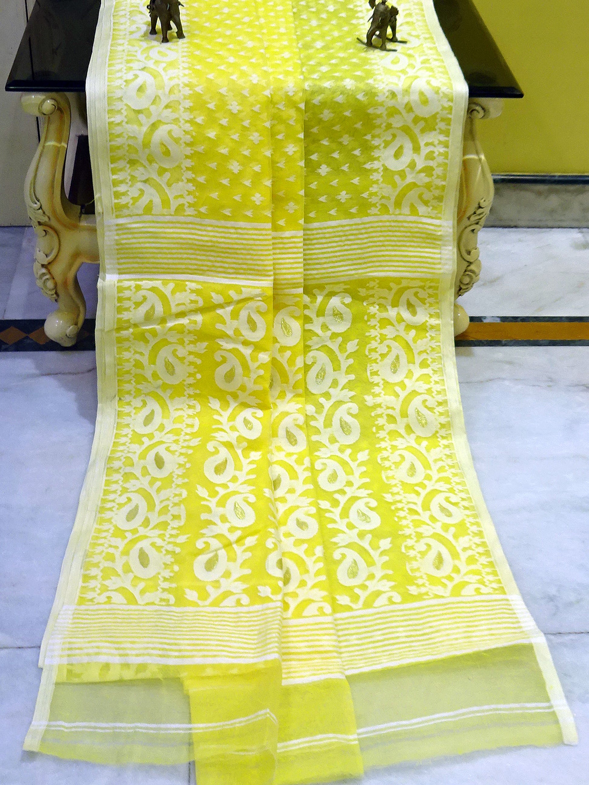 Machi Butti Work Jamdani Saree in Light Yellow, Off White and Golden Zari