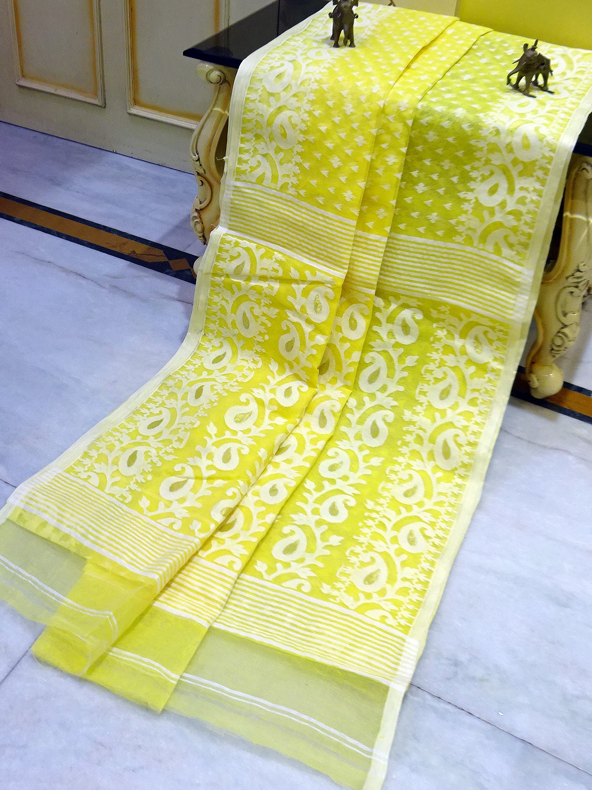 Machi Butti Work Jamdani Saree in Light Yellow, Off White and Golden Zari