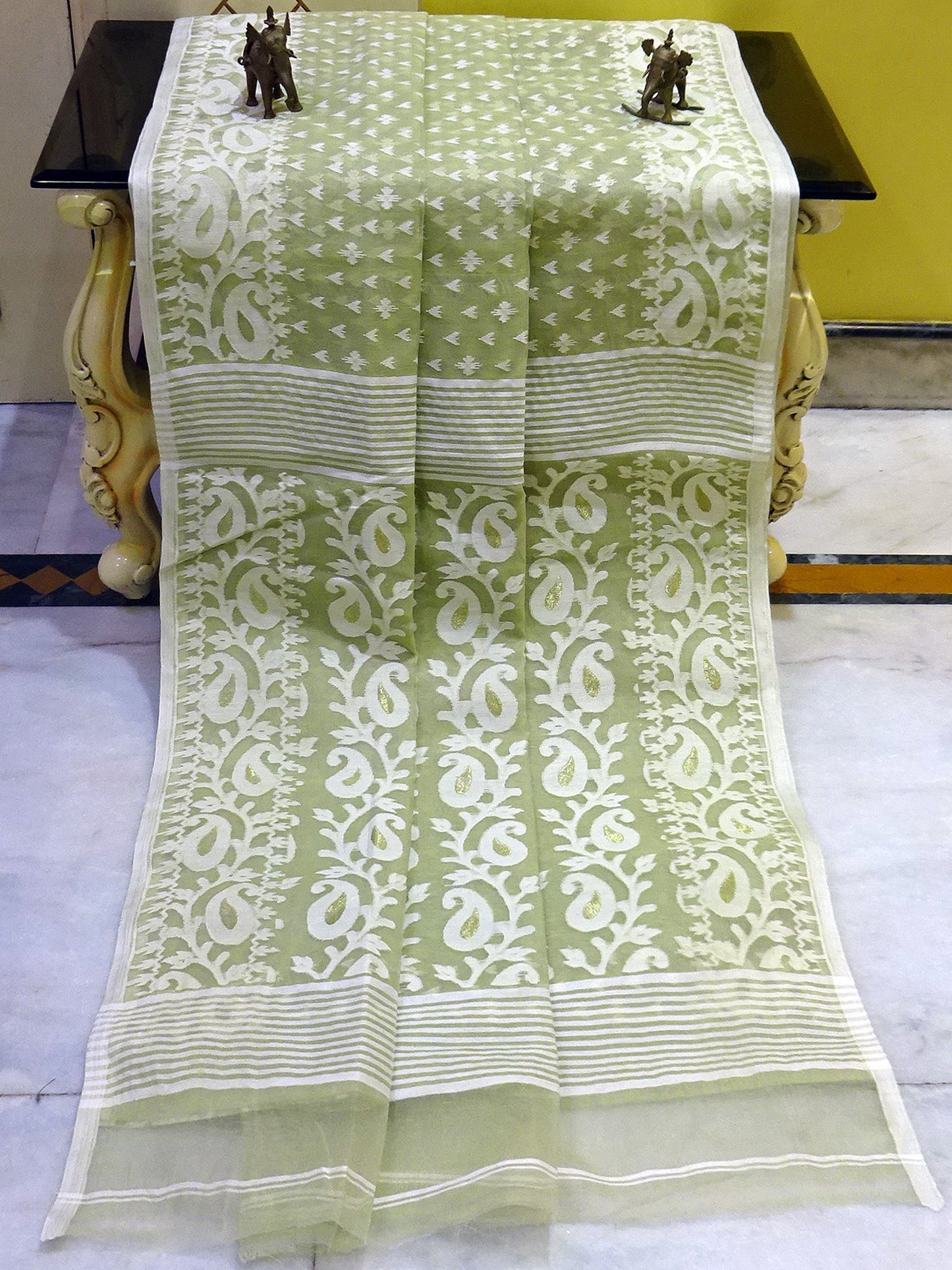 Machi Butti Work Jamdani Saree in Swamp Green, Off White and Golden Zari