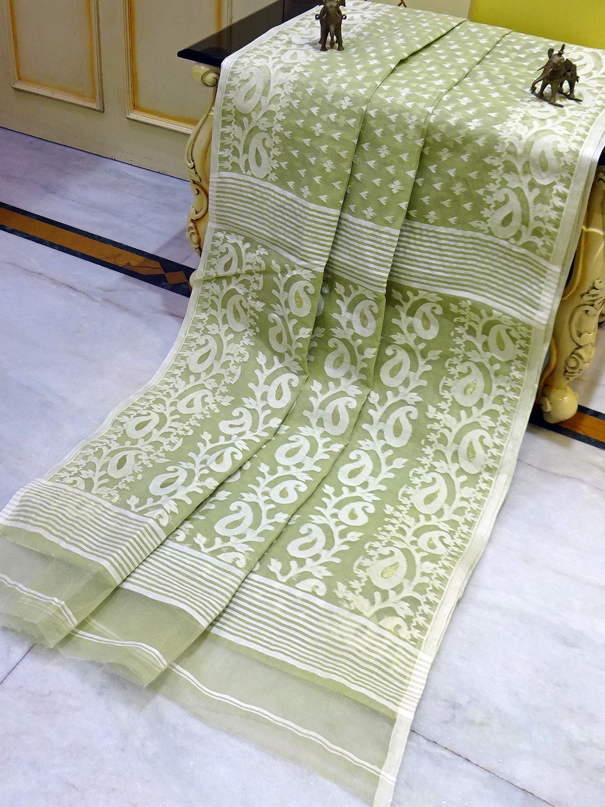 Machi Butti Work Jamdani Saree in Swamp Green, Off White and Golden Zari