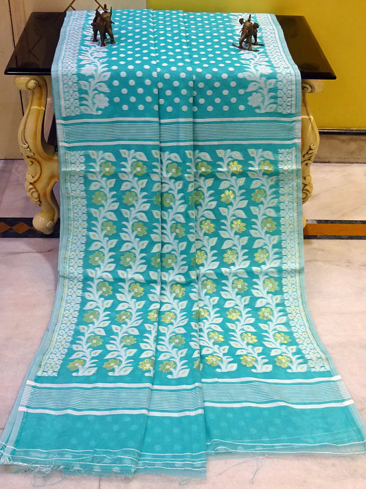 Polka Dots Woven Work Soft Dhakai Jamdani Saree in Sea Green, Off White and Antique Gold