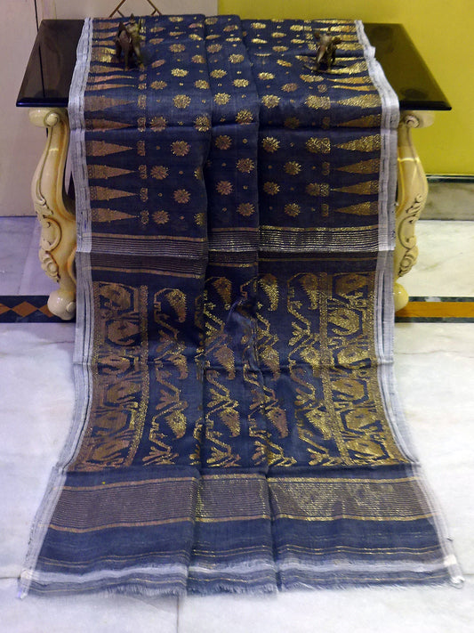 Soft Dhakai Jamdani Saree in Charcoal Grey and Antique Gold