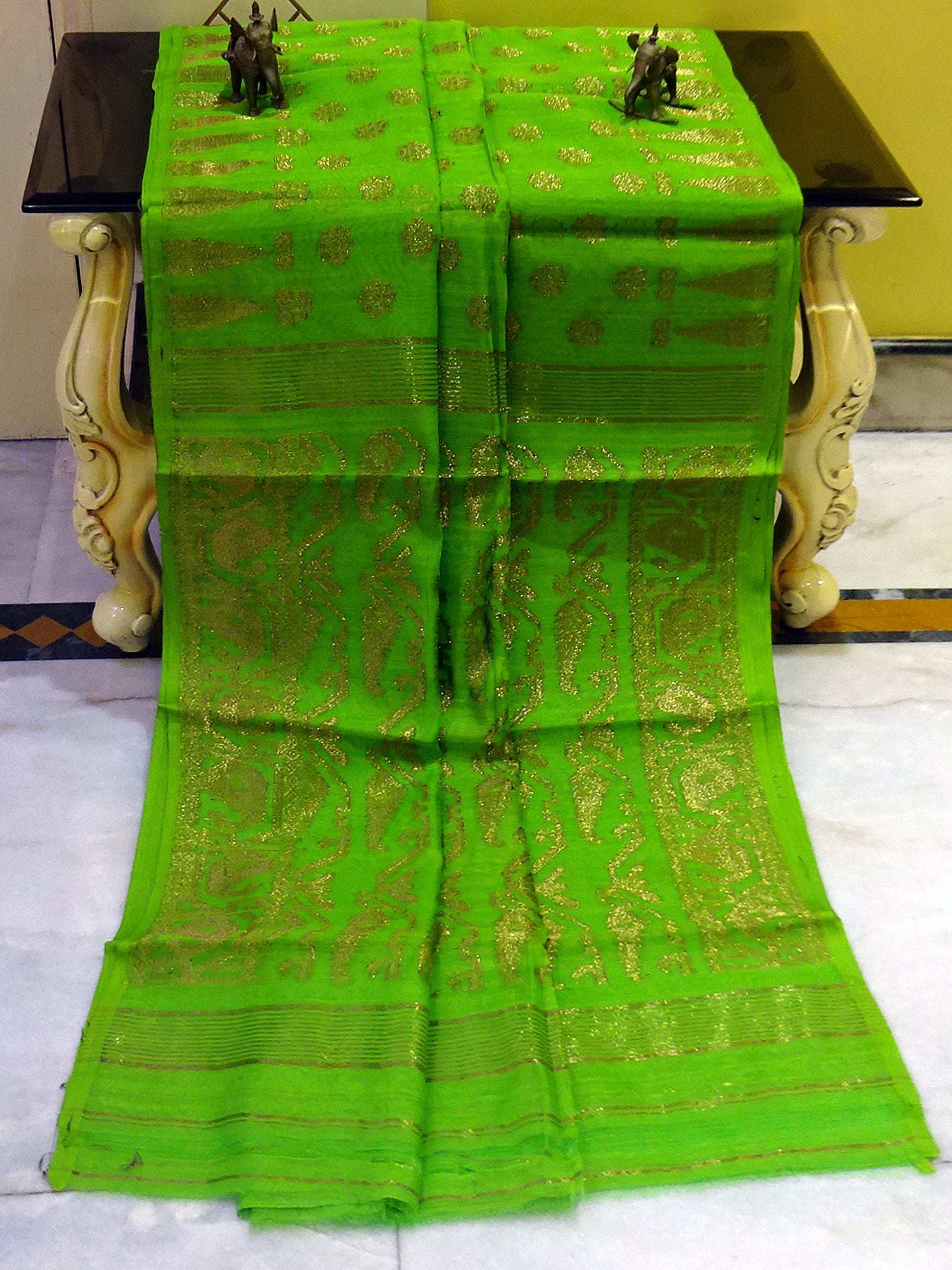 Soft Dhakai Jamdani Saree in Lawn Green and Antique Gold