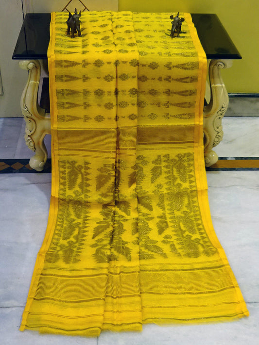 Soft Dhakai Jamdani Saree in Cadium Yellow and Antique Gold